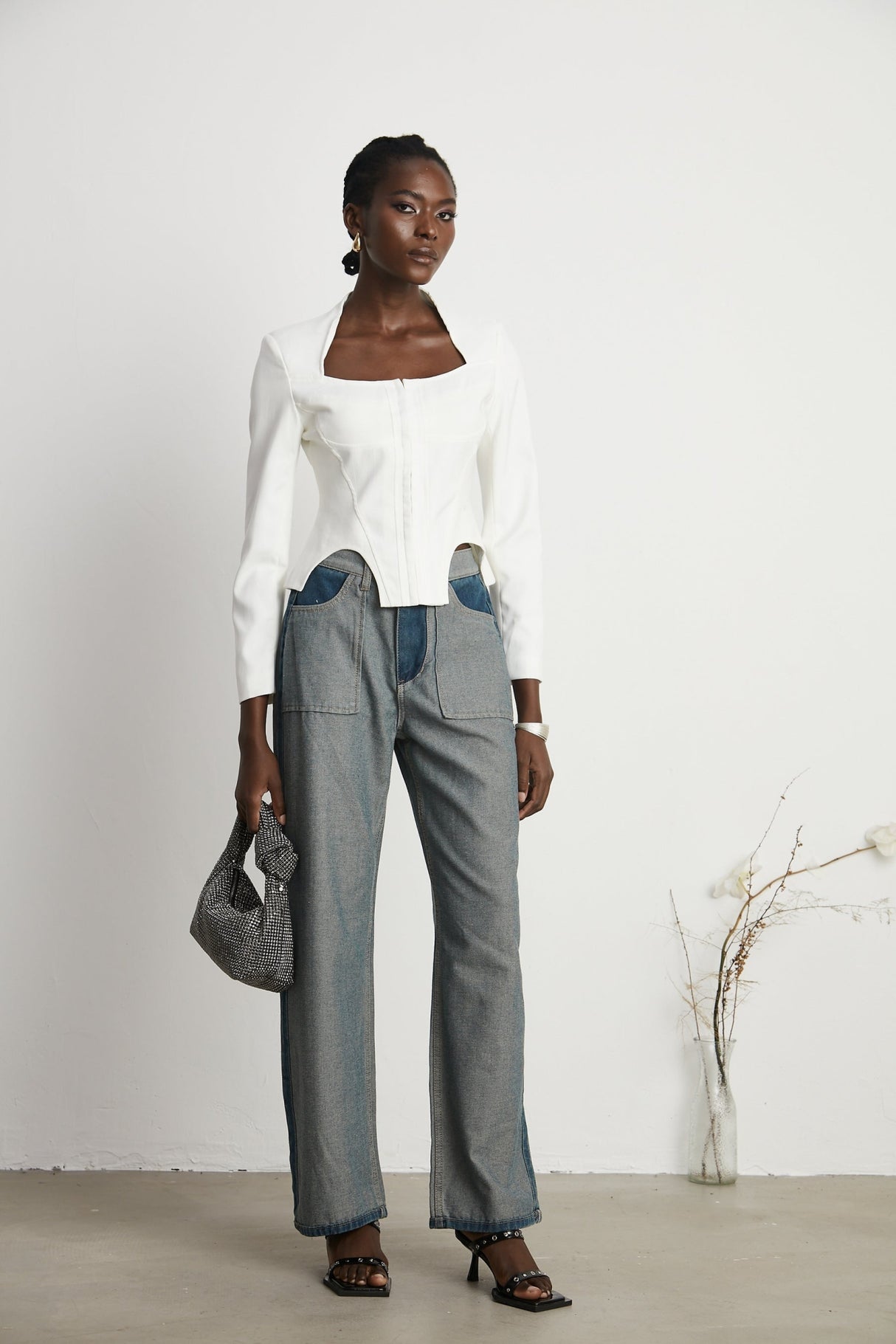 Penelope Corset Top White Square Neck Long Sleeve