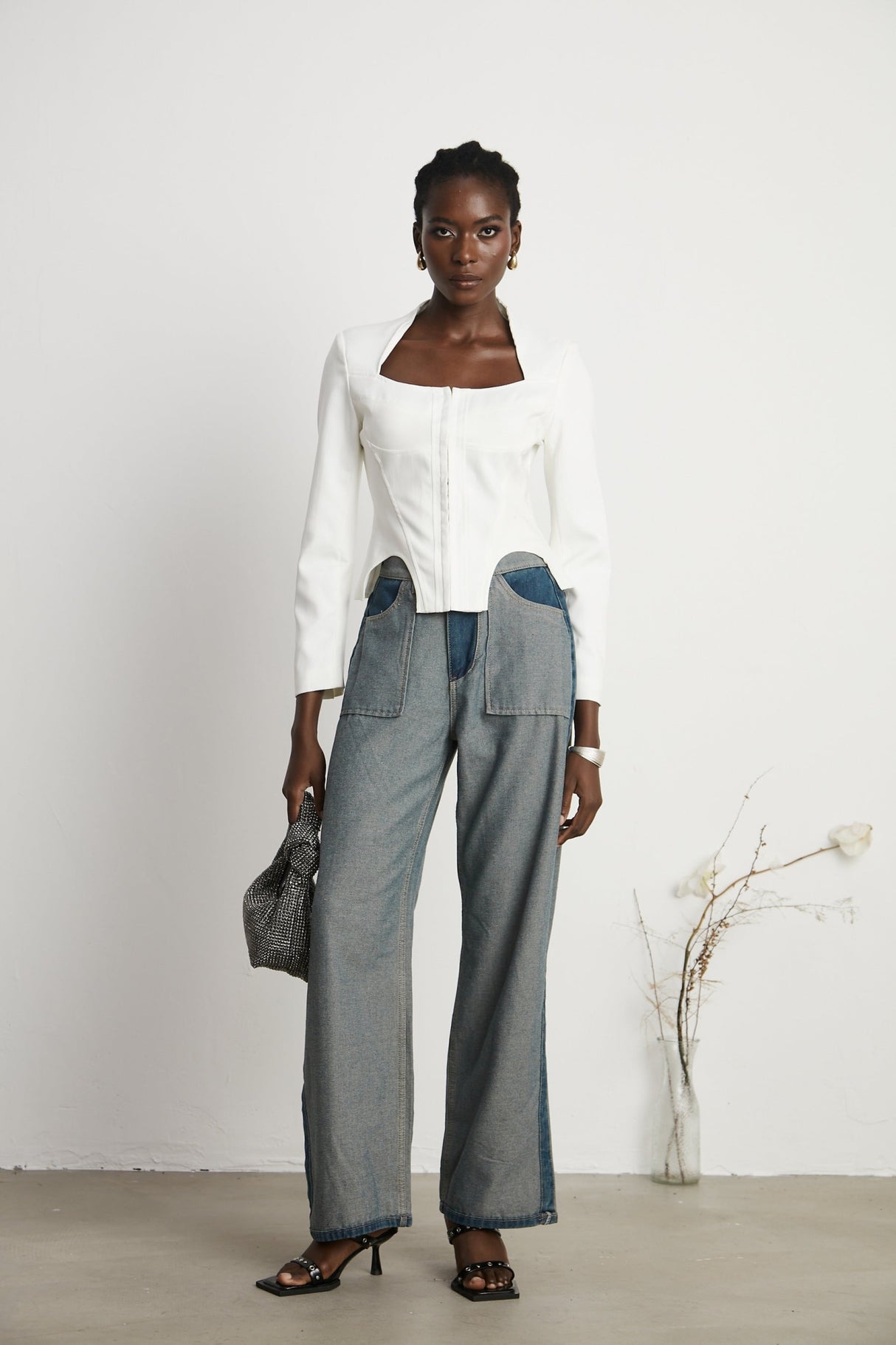 Penelope Corset Top White Square Neck Long Sleeve