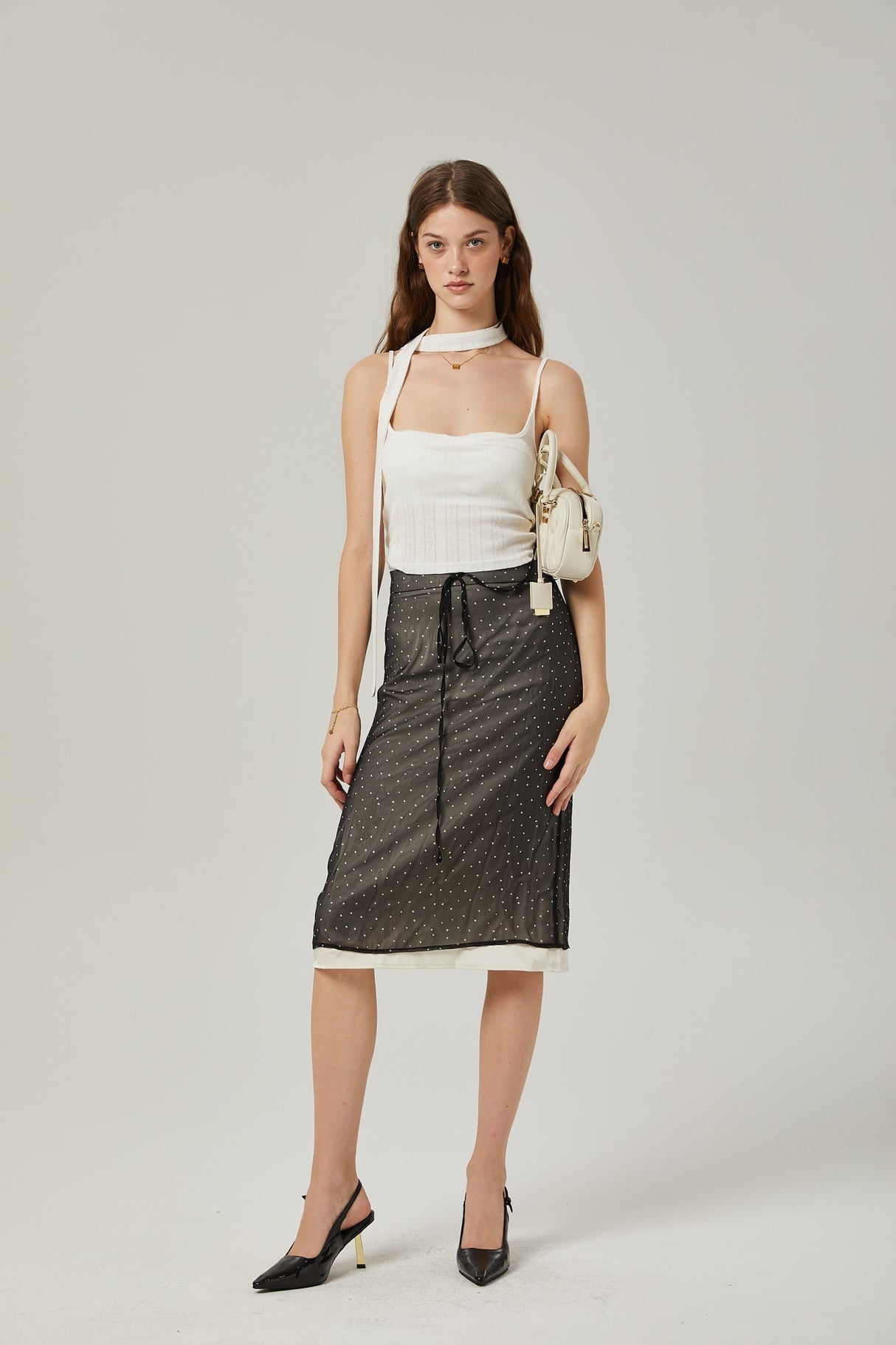 Penelope Skirt Tie Waisted Polka Dot Print & Color Blocked Midi