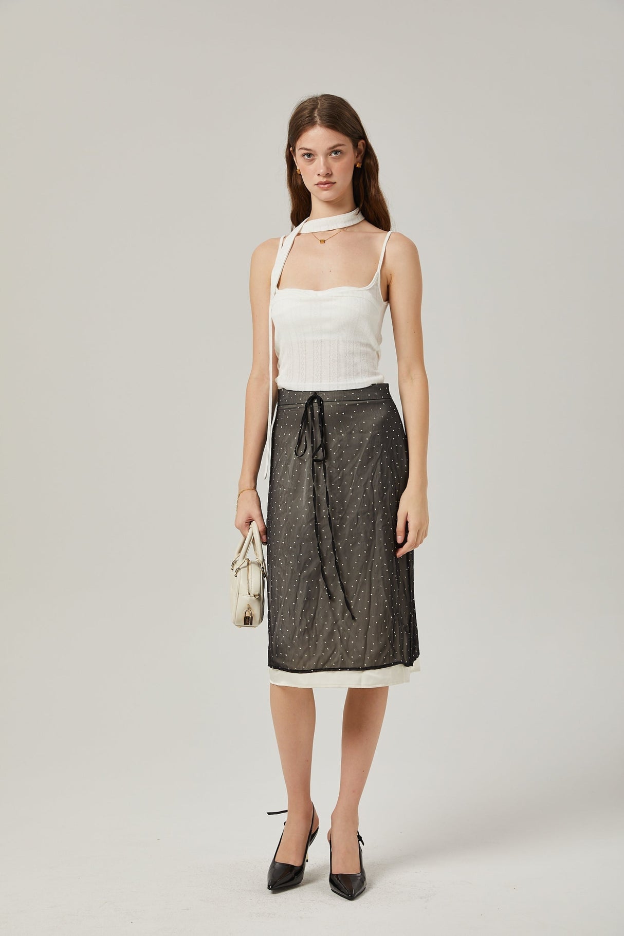 Penelope Skirt Tie Waisted Polka Dot Print & Color Blocked Midi