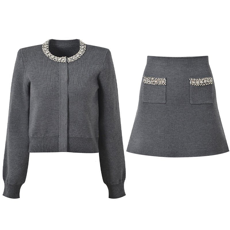 Perla Cropped Cardigan and A - Line Skirt Set - Crystal Collar - Hidden Button Closure