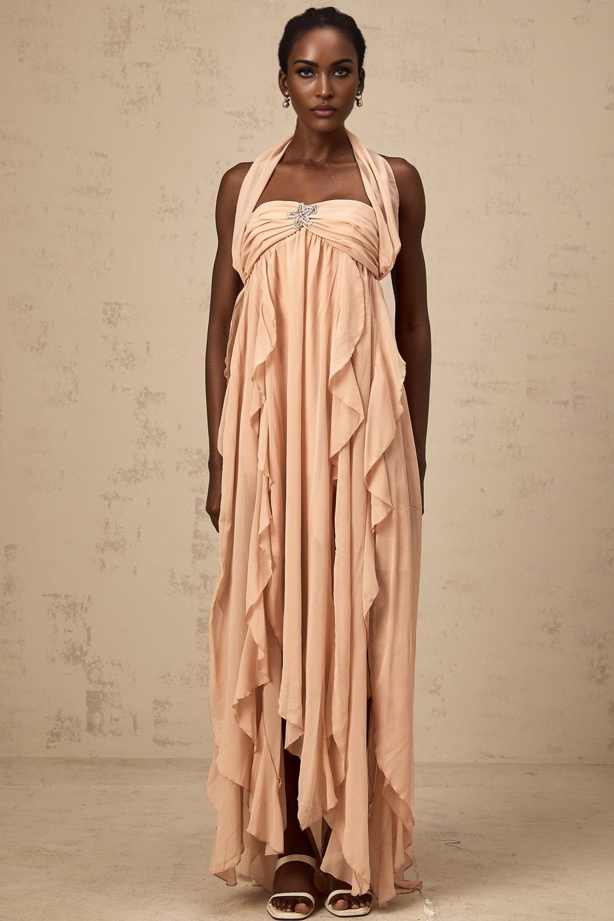 Perla Maxi Dress in Elegant Pink with Ruffled Design and Halter Neck