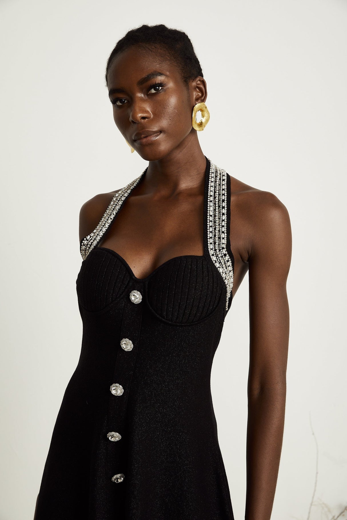 Perla Mini Dress Crystal Halterneck Bustier Black Embellished