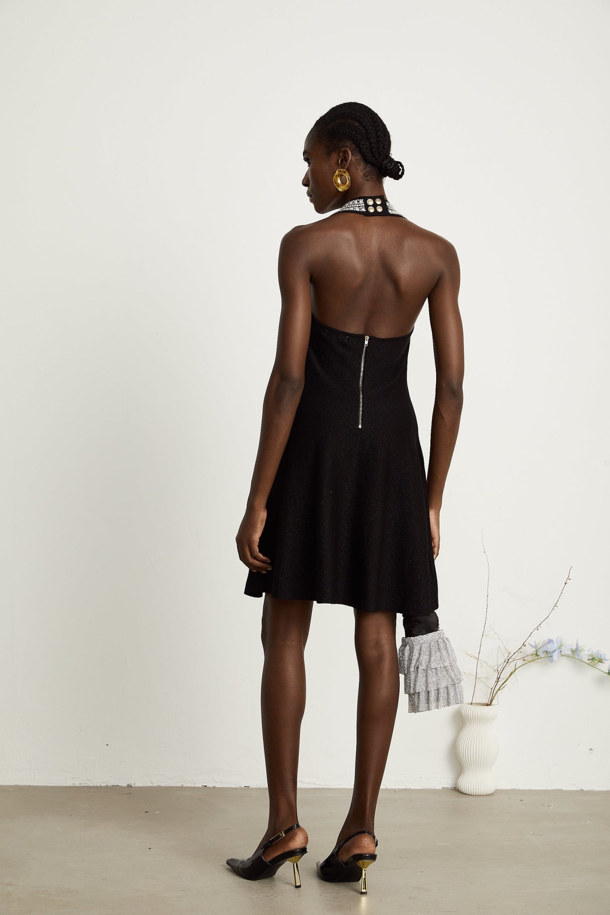 Perla Mini Dress Crystal Halterneck Bustier Black Embellished