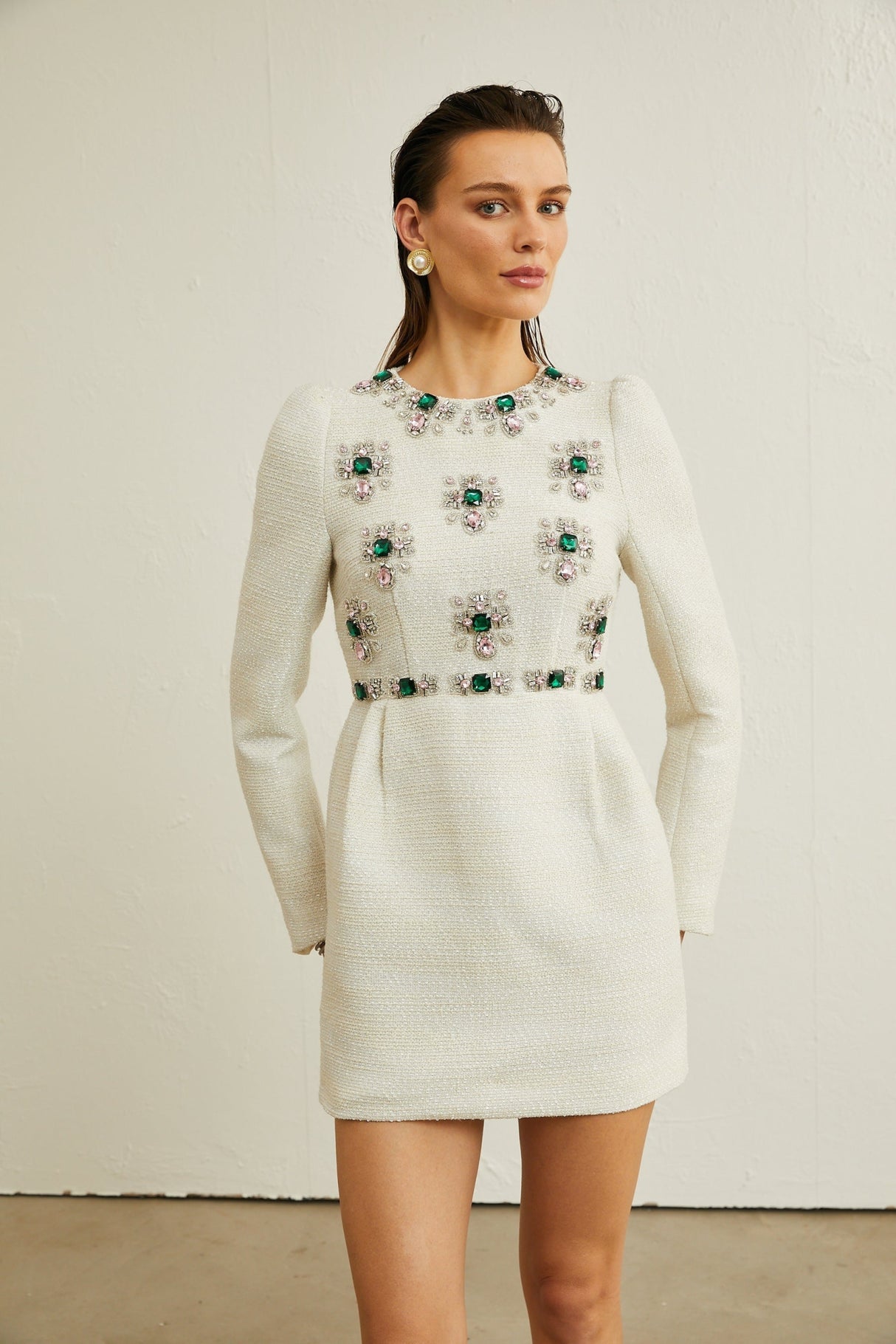 Perla Mini Dress White Tweed Bead Embellished Silhouette