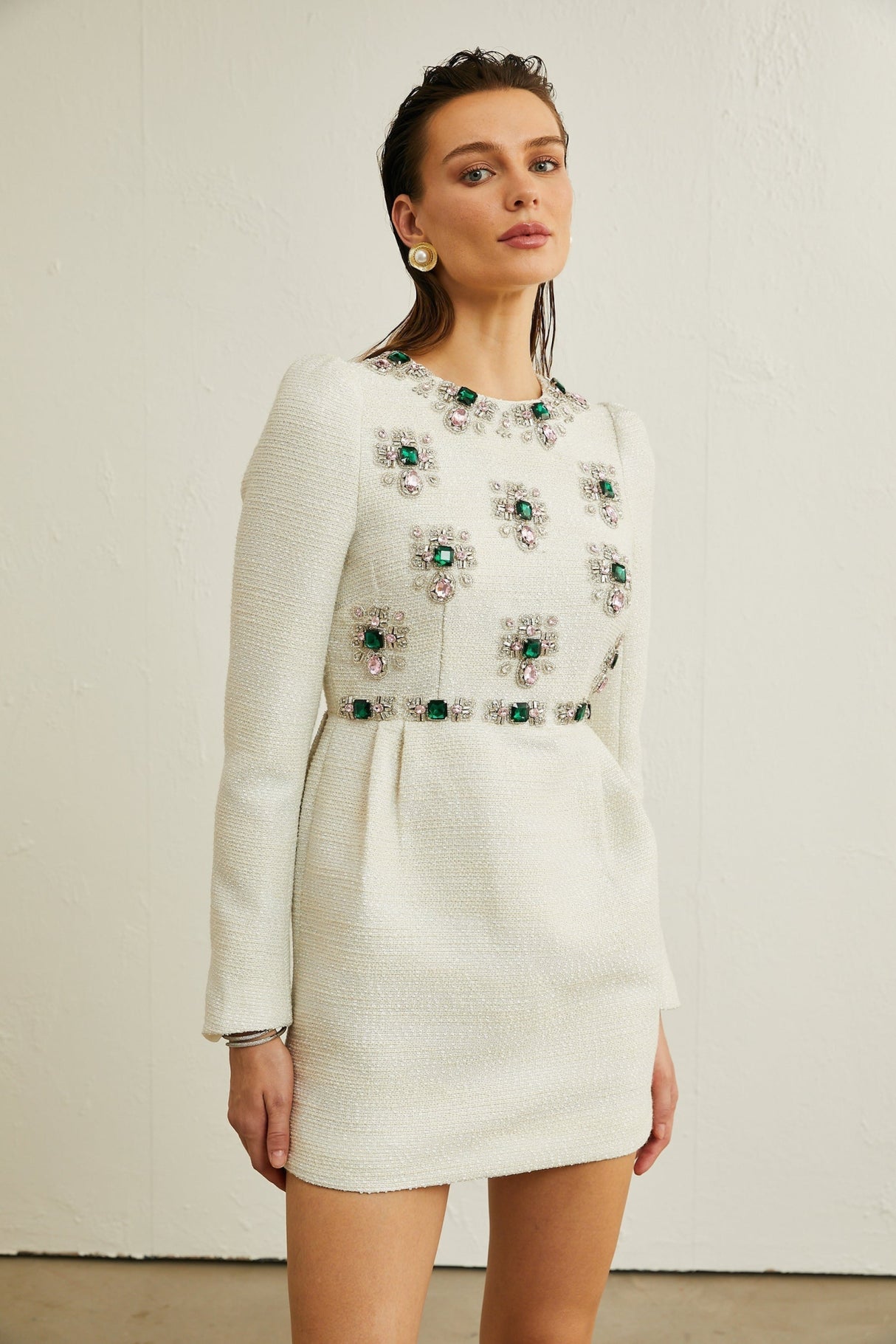 Perla Mini Dress White Tweed Bead Embellished Silhouette