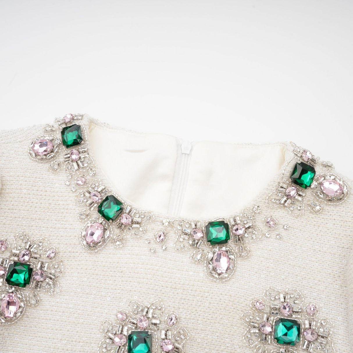 Perla Mini Dress White Tweed Bead Embellished Silhouette