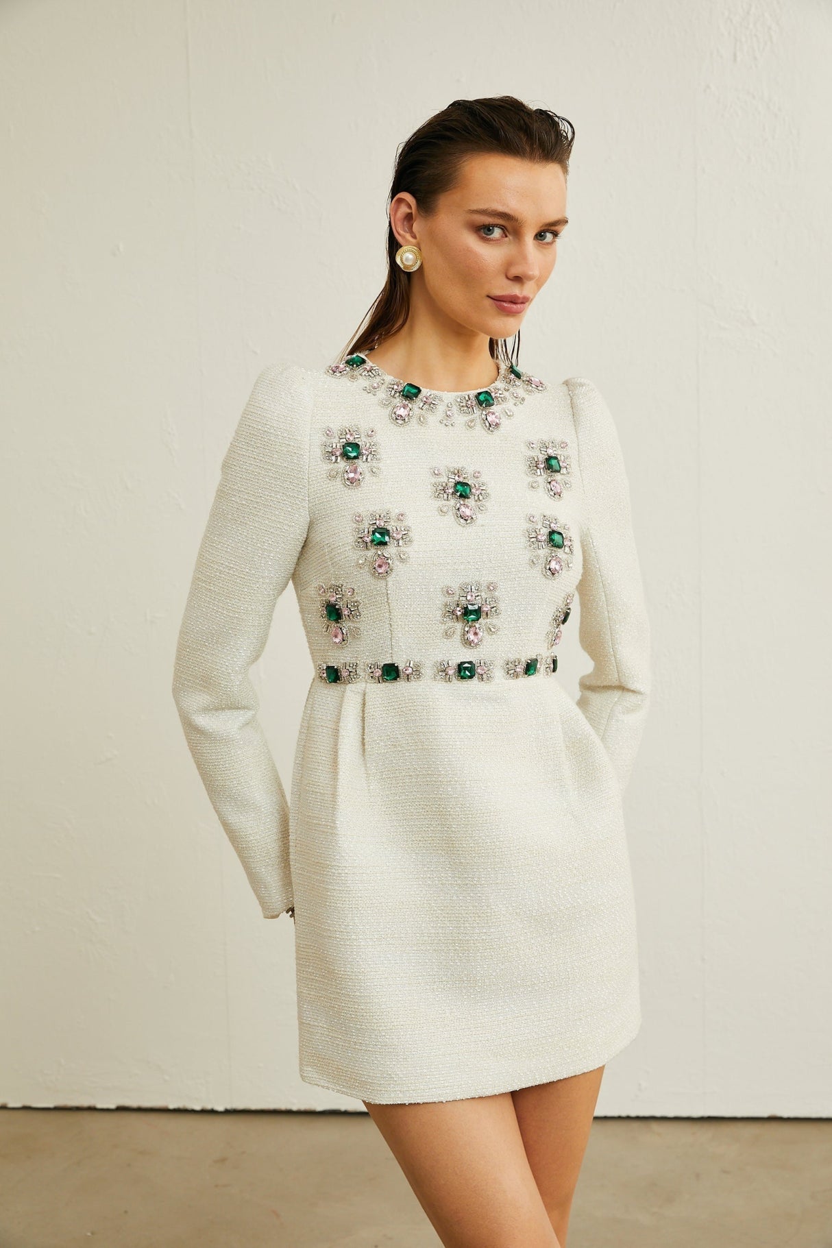 Perla Mini Dress White Tweed Bead Embellished Silhouette