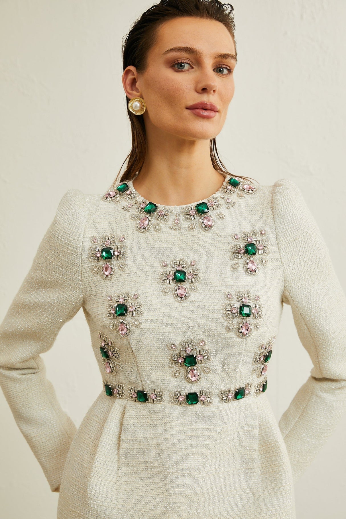 Perla Mini Dress White Tweed Bead Embellished Silhouette