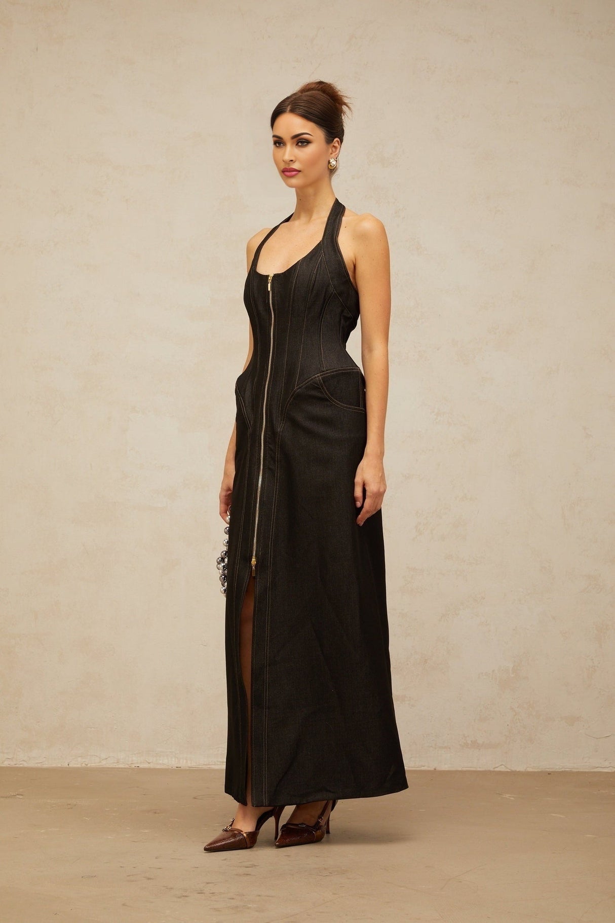 Perlina Denim Maxi Dress Halterneck Front Slit Contrast Stitching