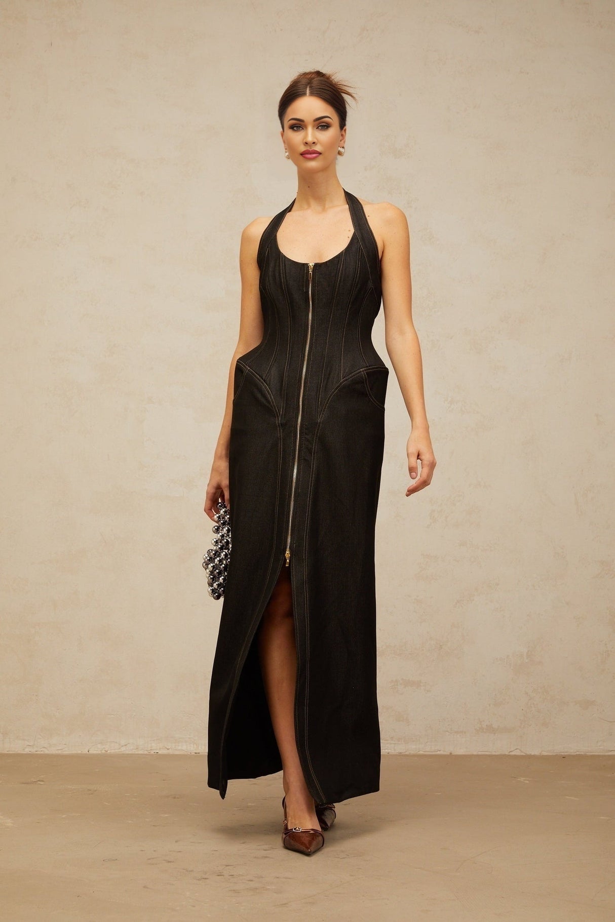 Perlina Denim Maxi Dress Halterneck Front Slit Contrast Stitching