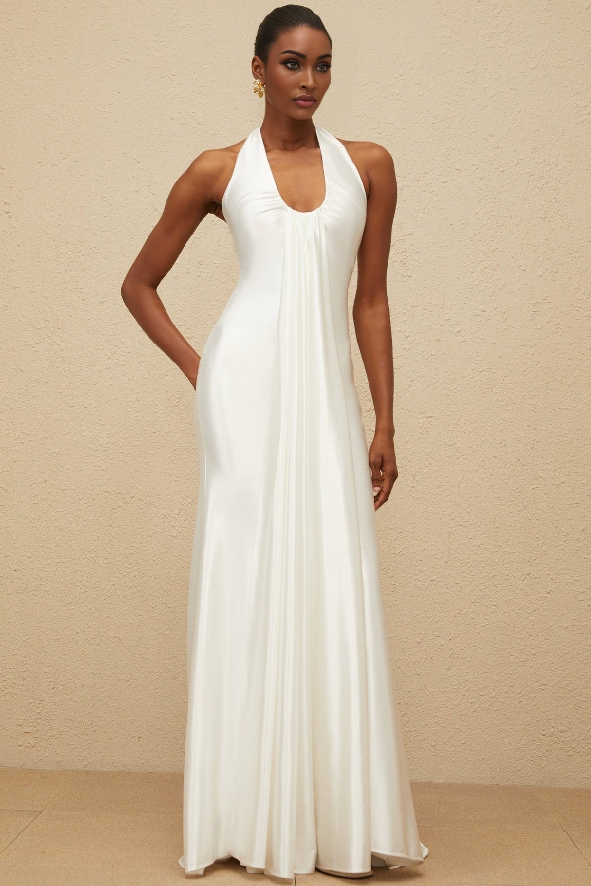 Peyton Gown - halter neck - Ruched Detailing - Satin Finish - Ribbon Design - Flared Hem - Rear Zip Fastening - Maxi Length