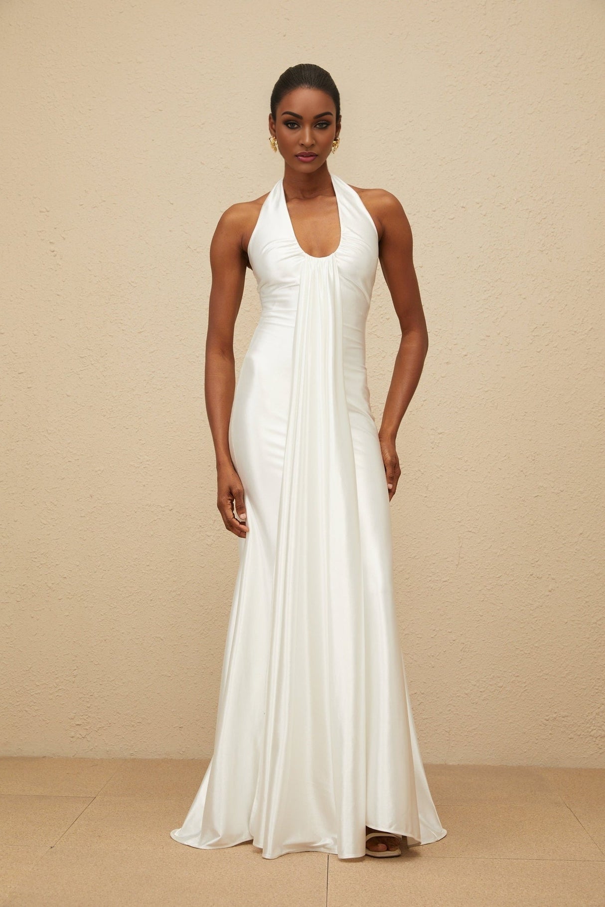 Peyton Gown - halter neck - Ruched Detailing - Satin Finish - Ribbon Design - Flared Hem - Rear Zip Fastening - Maxi Length