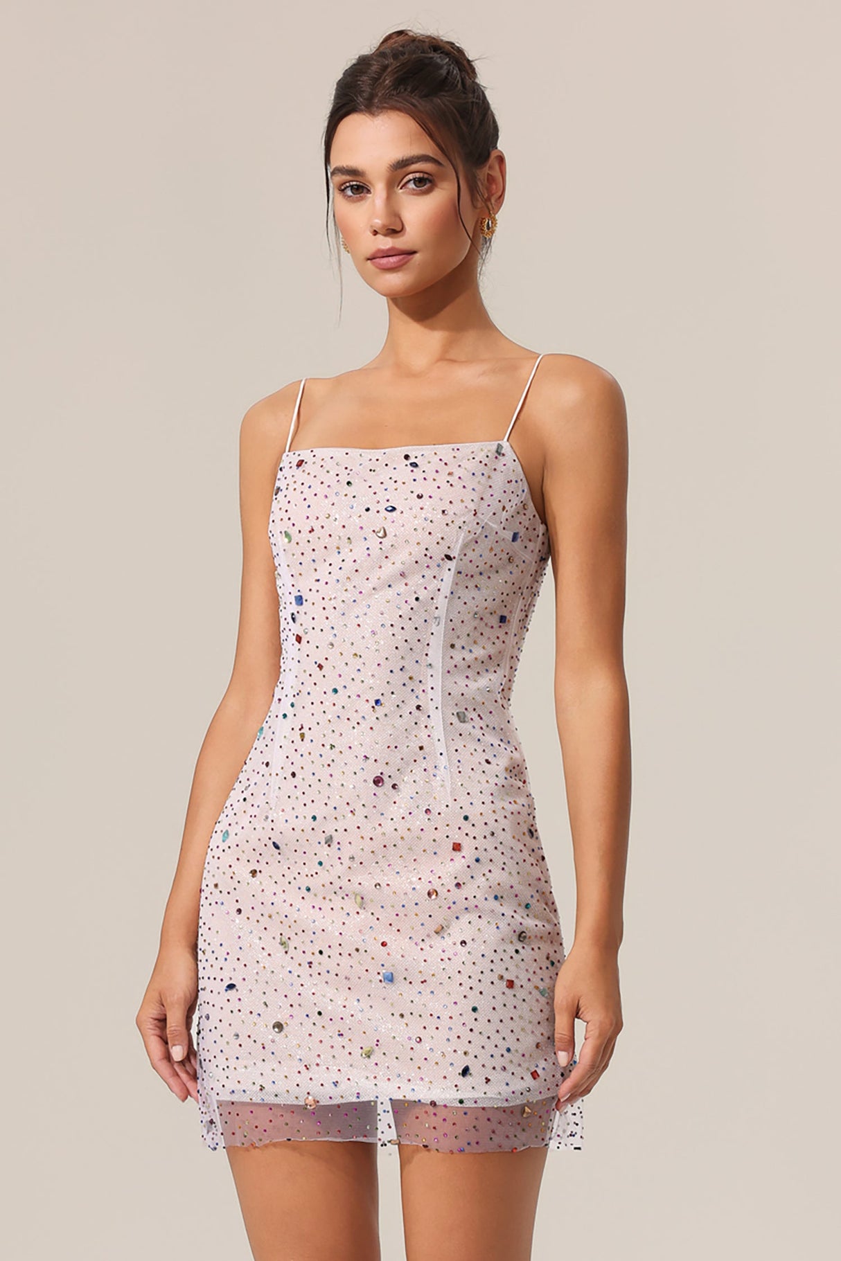 Peyton White Halter Mini Dress Diamond Pattern Square Neckline Lightweight Material Playful Embellishments Adjustable Straps