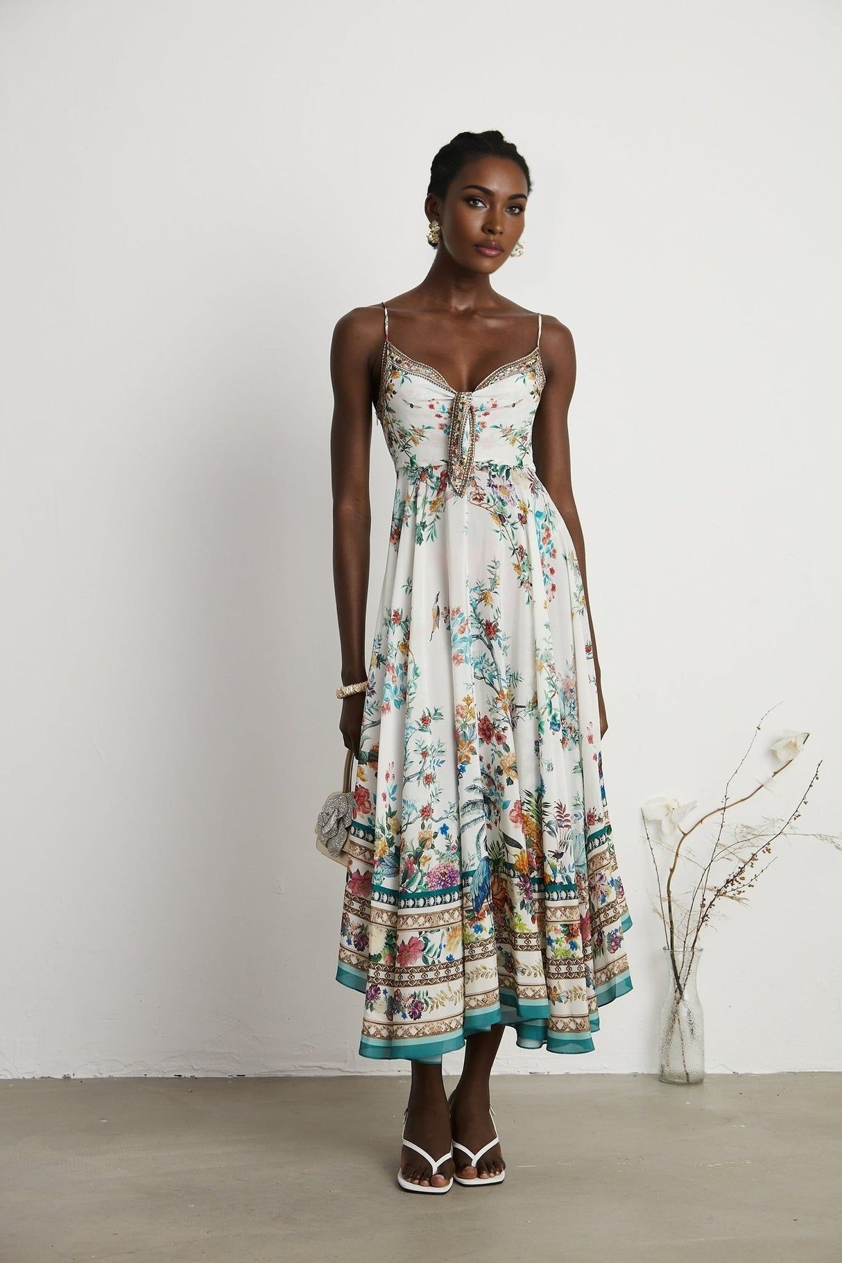 Philippine Floral Silk Midi Dress With Twist Front and Crystal Detail