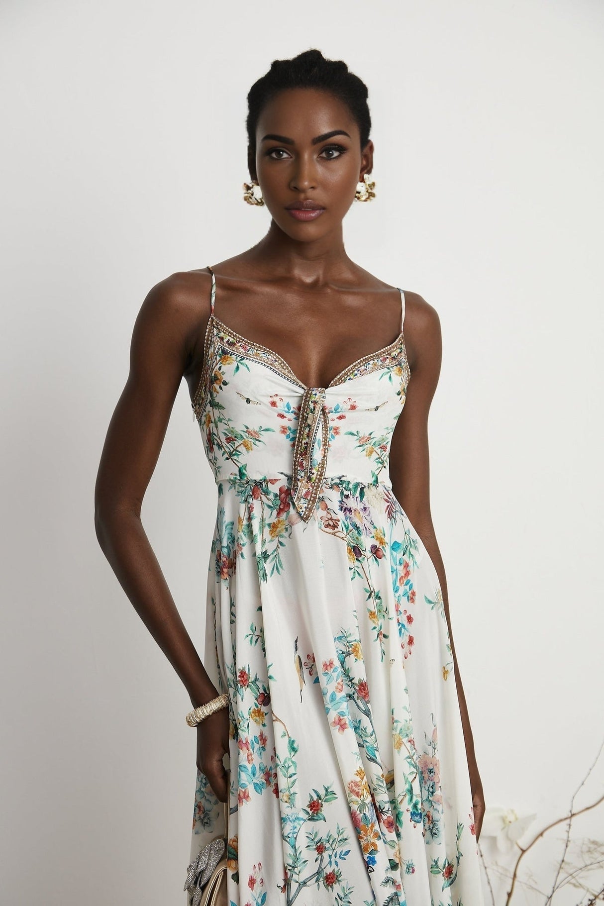 Philippine Floral Silk Midi Dress With Twist Front and Crystal Detail