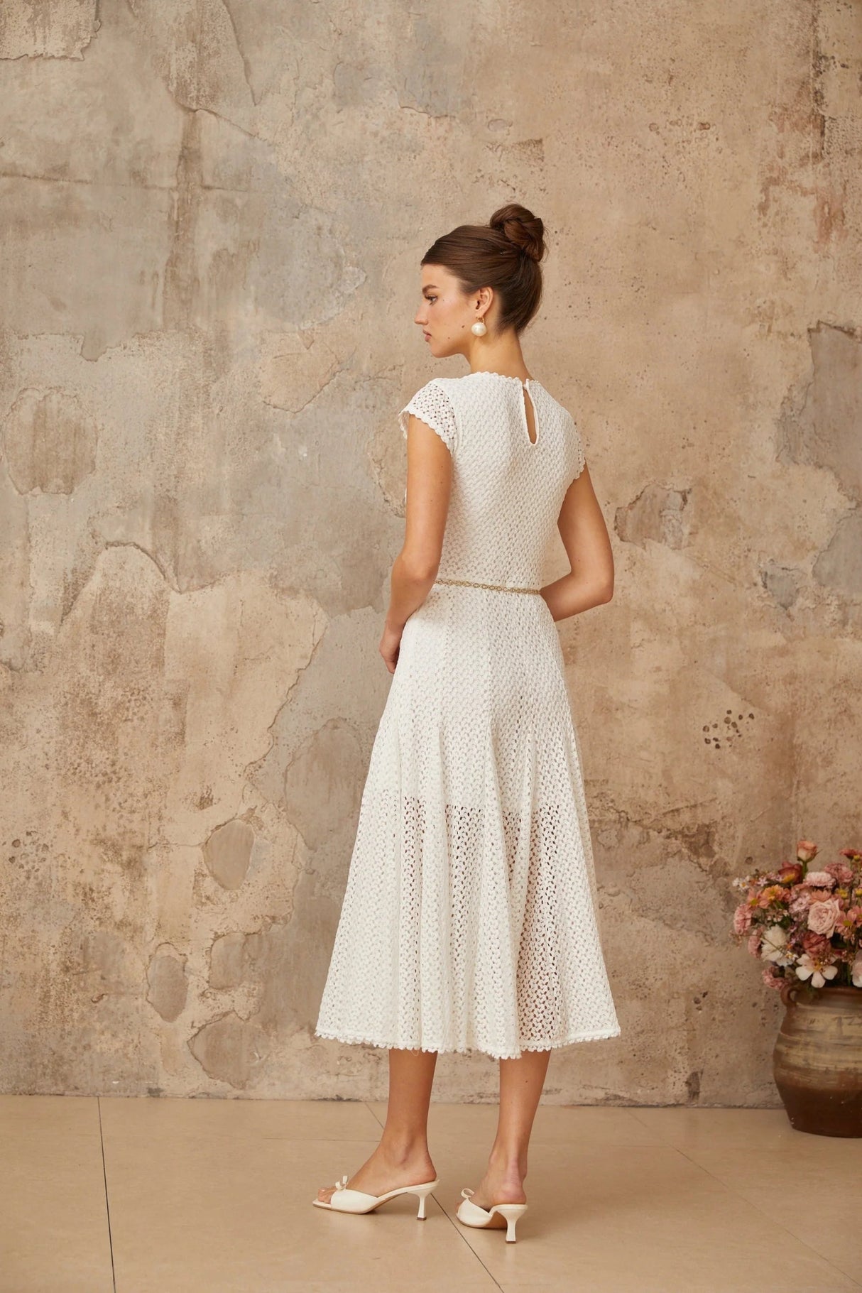 Phoebe Midi Dress White Crochet Shirred Chain - Link Hem