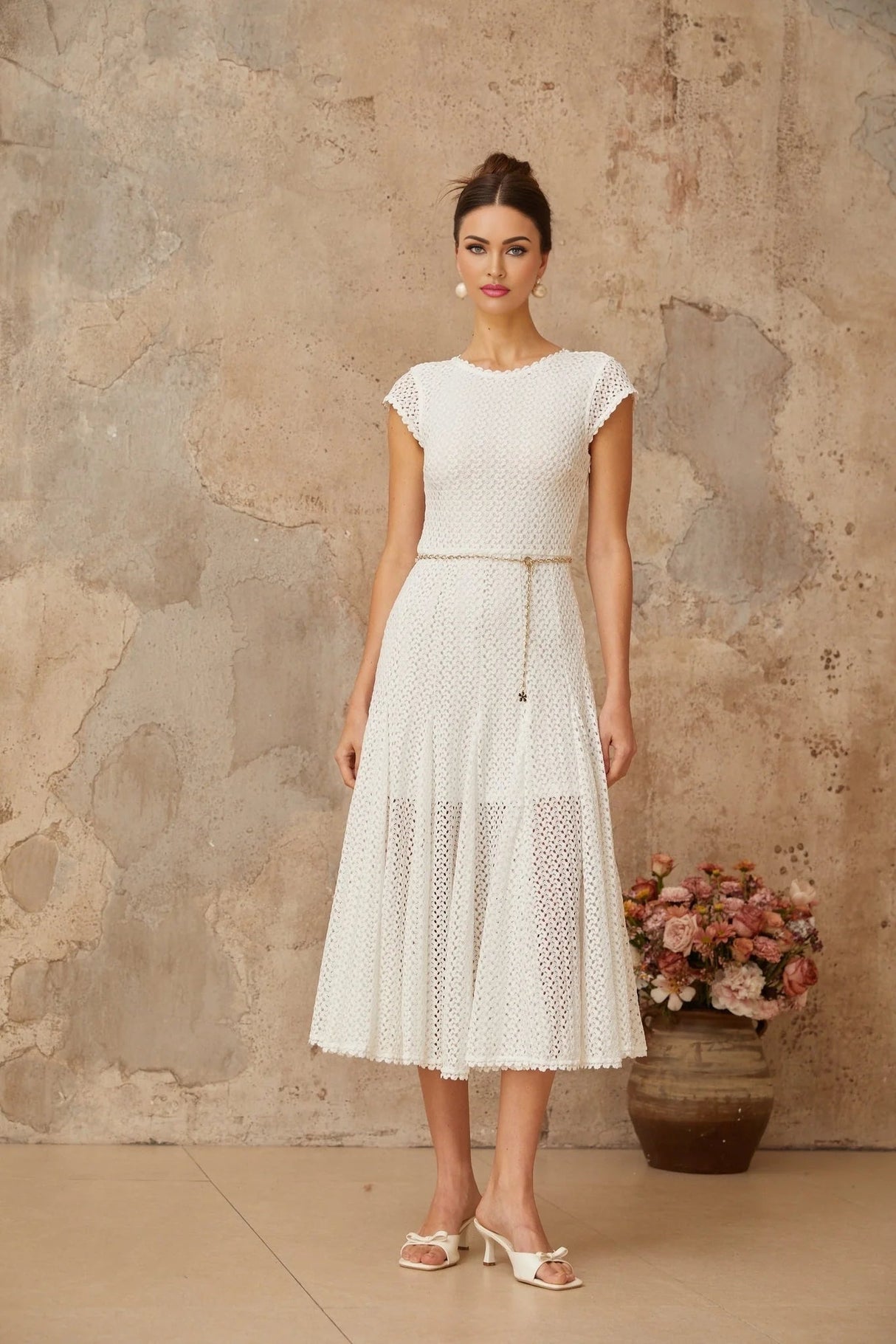 Phoebe Midi Dress White Crochet Shirred Chain - Link Hem