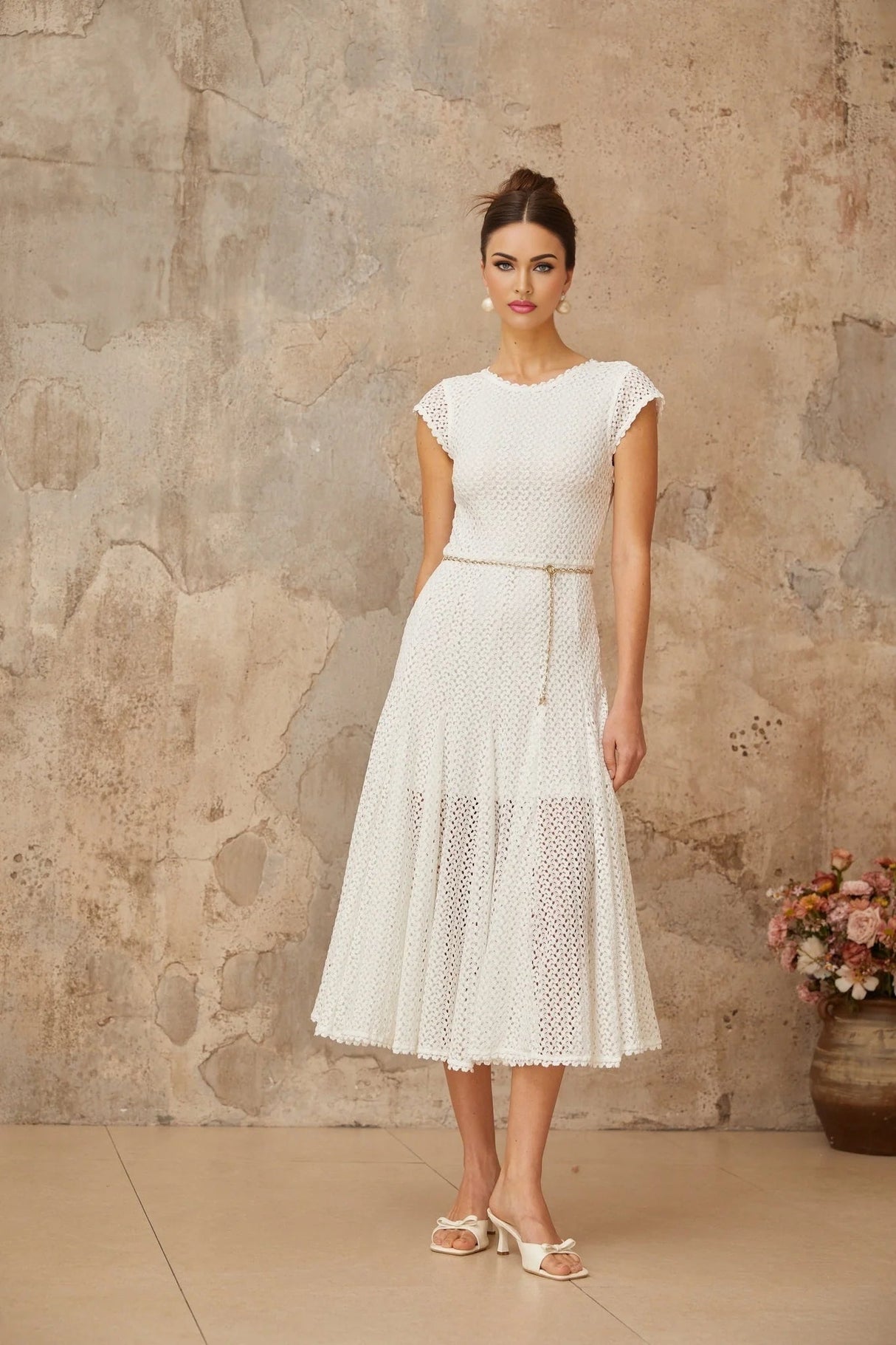 Phoebe Midi Dress White Crochet Shirred Chain - Link Hem