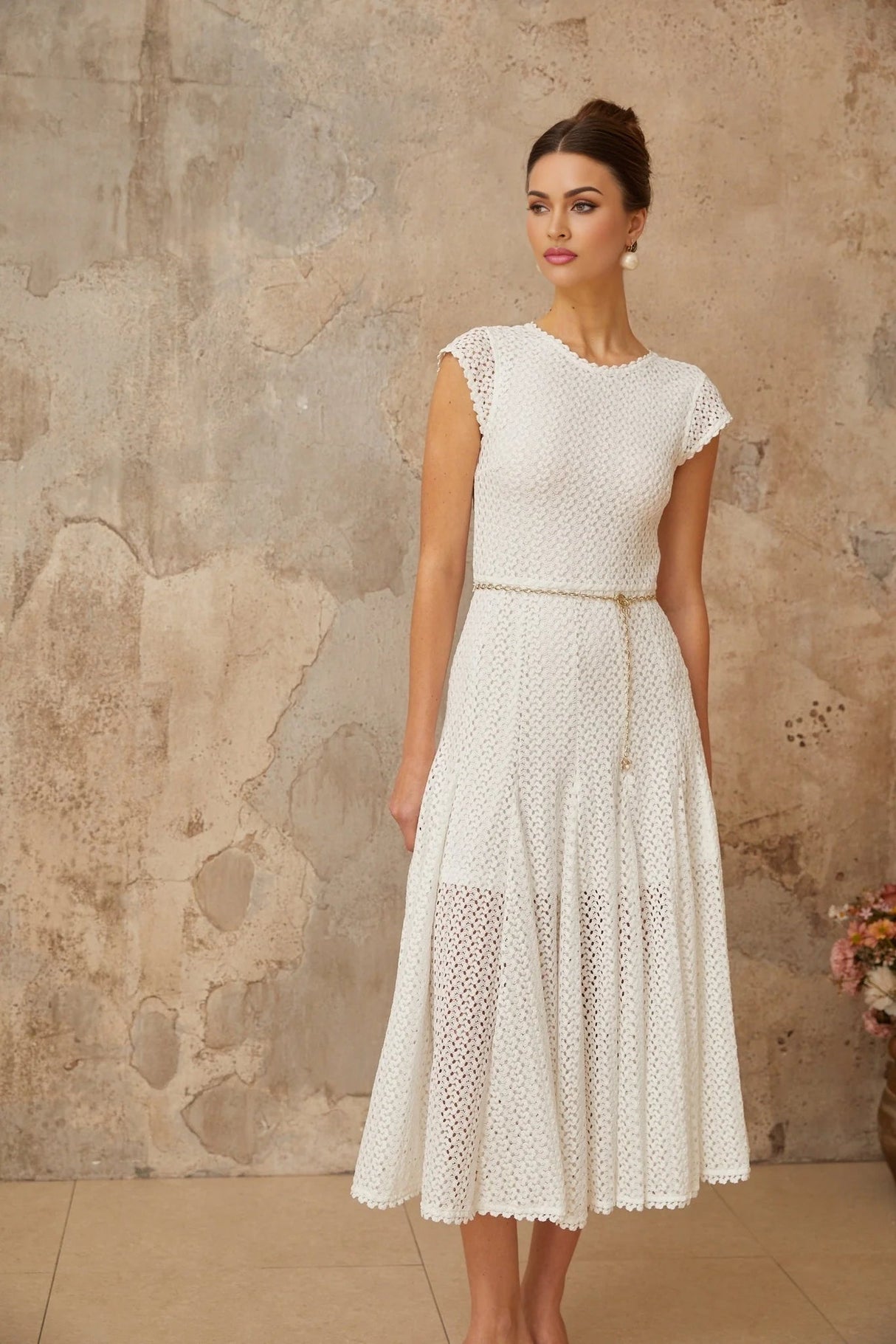 Phoebe Midi Dress White Crochet Shirred Chain - Link Hem
