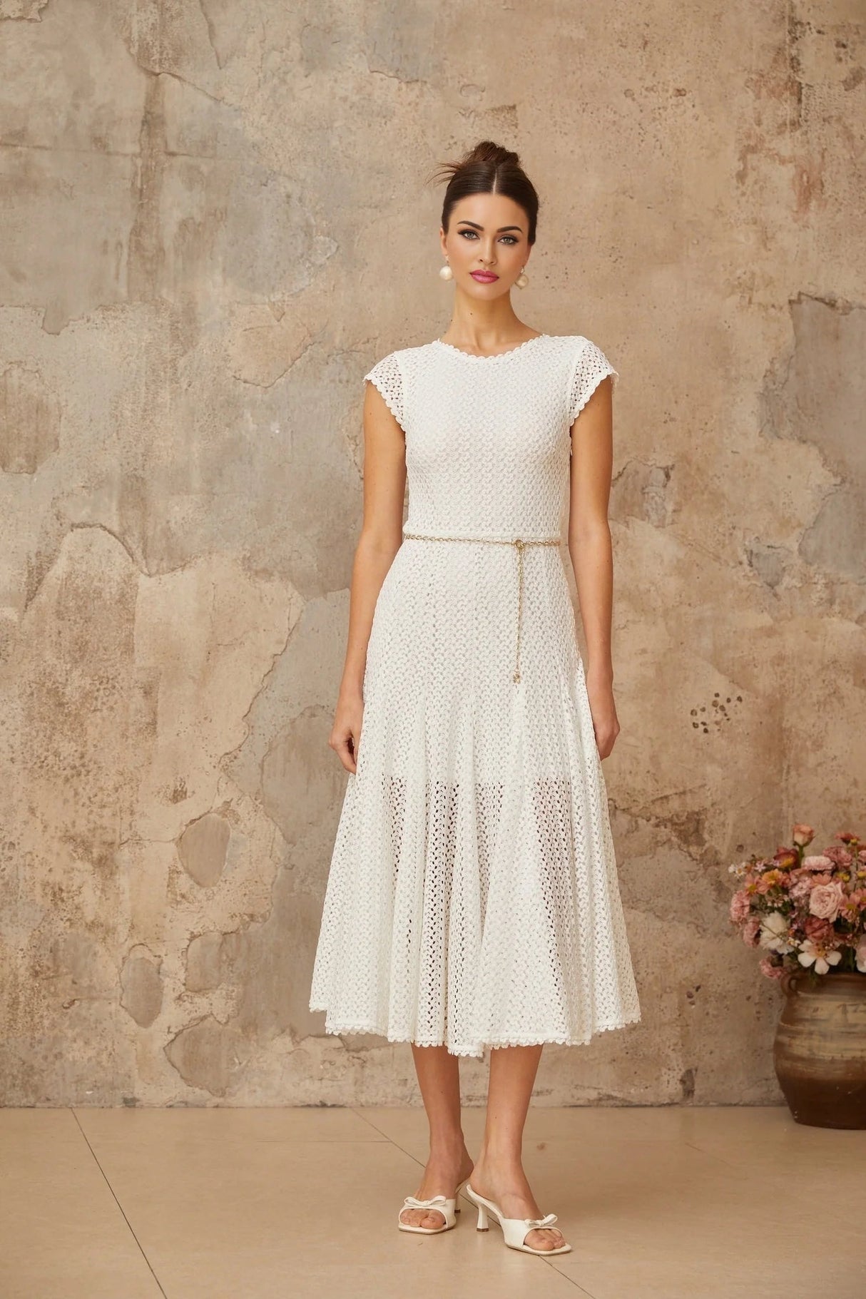 Phoebe Midi Dress White Crochet Shirred Chain - Link Hem