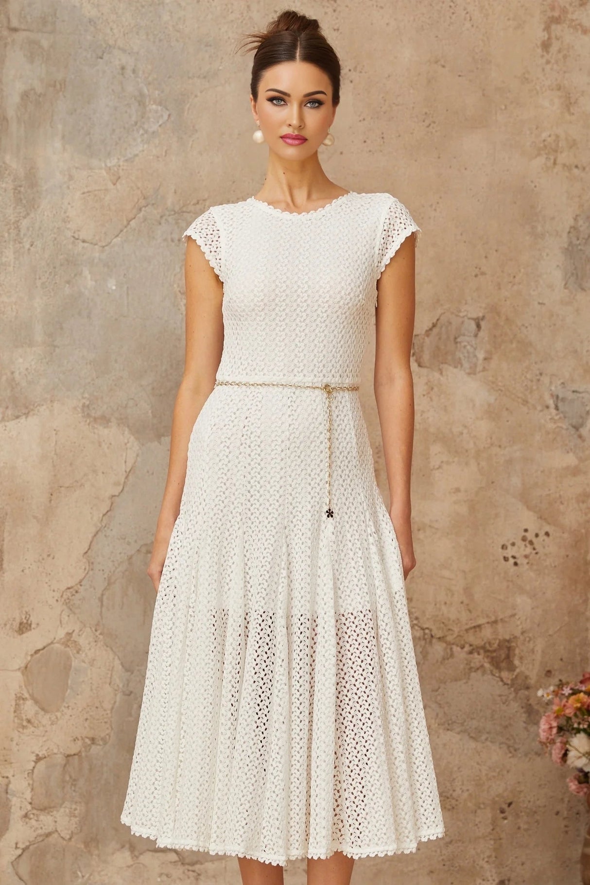 Phoebe Midi Dress White Crochet Shirred Chain - Link Hem
