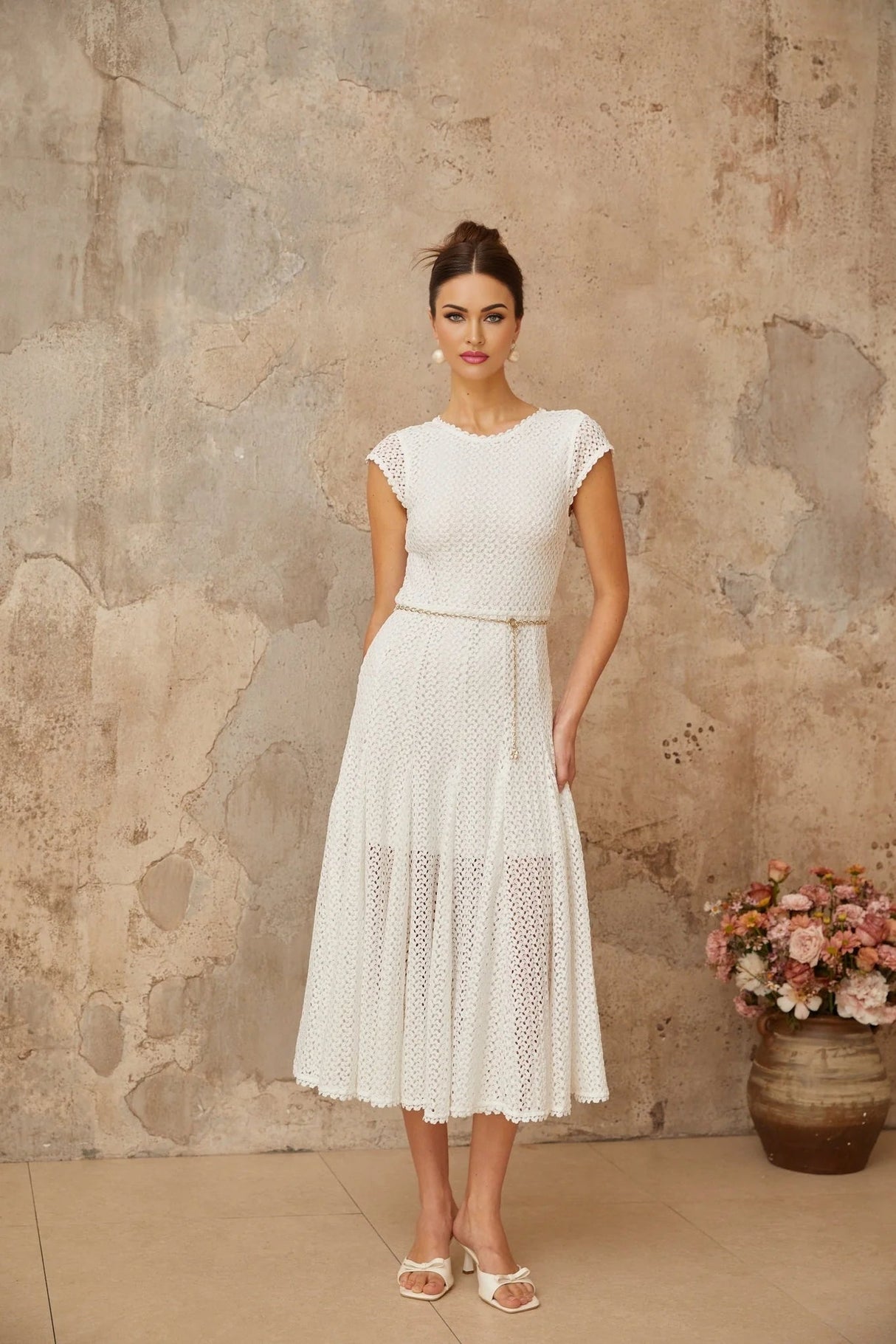 Phoebe Midi Dress White Crochet Shirred Chain - Link Hem