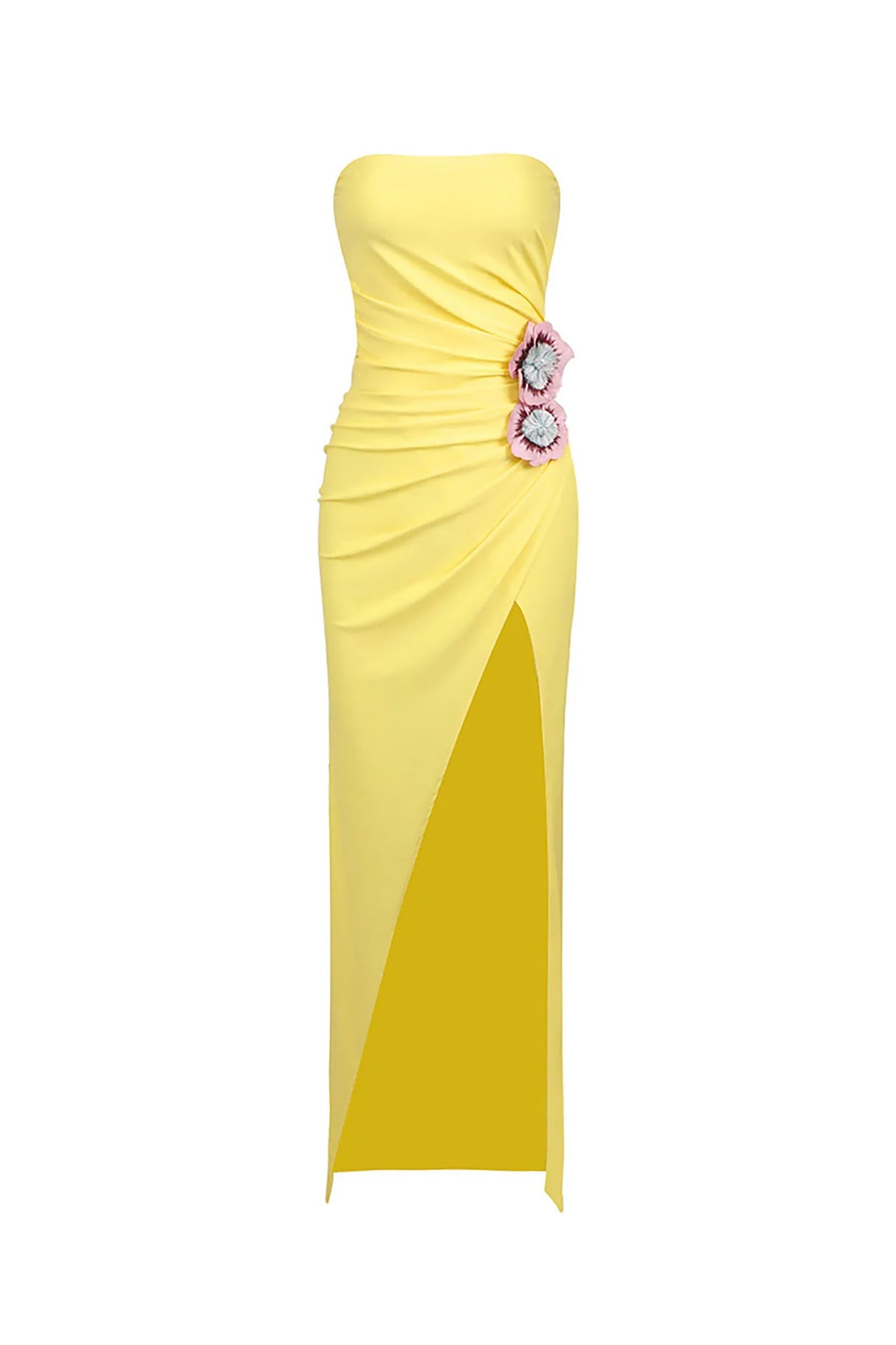 Phoebe Yellow Floral Maxi Dress with High Slit and Gathered Waist for Women