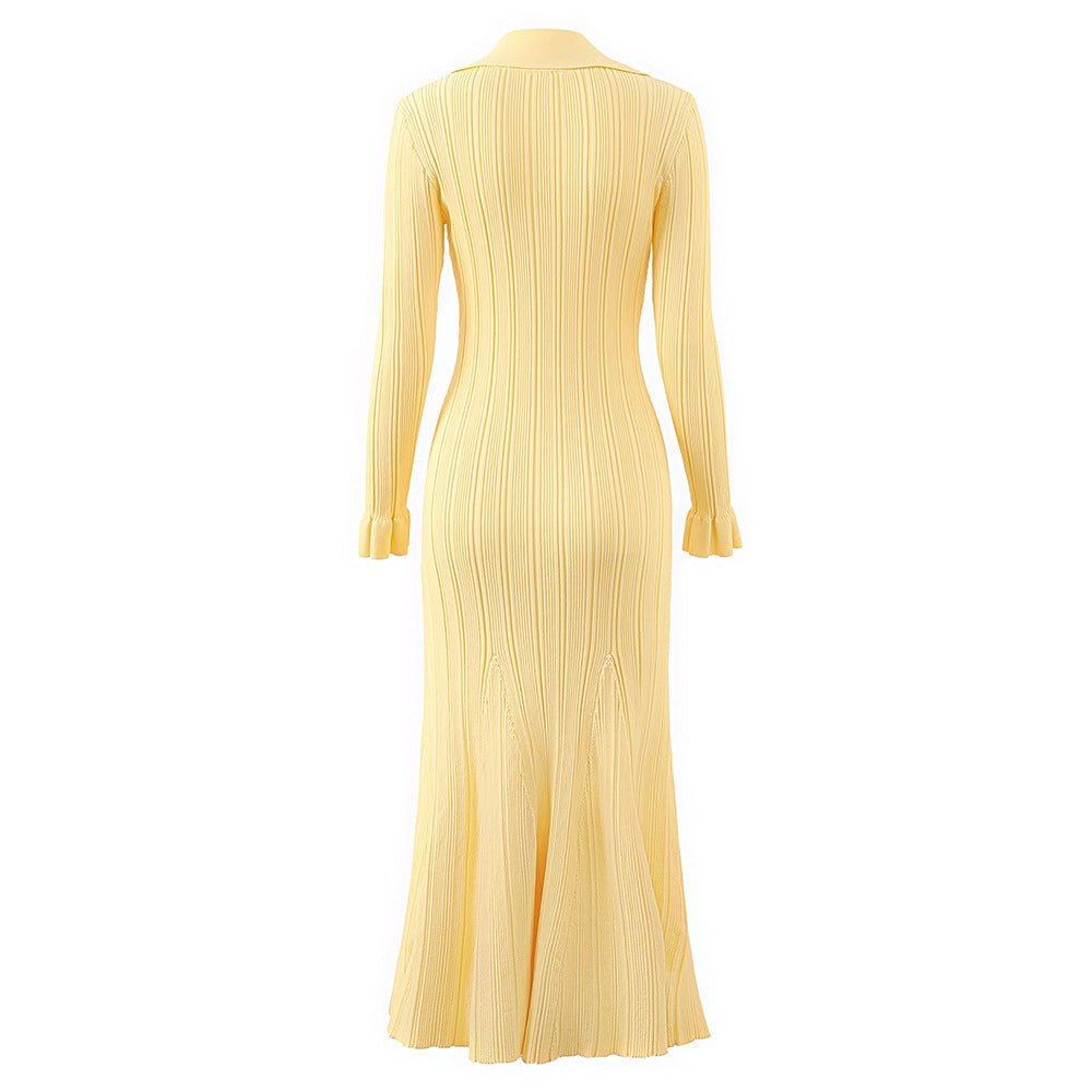 Piera Maxi Dress - Flattering Fit - Retro Collared Design - Lightweight Ribbed Knit - Versatile Styling - Trendy Flared Sleeve