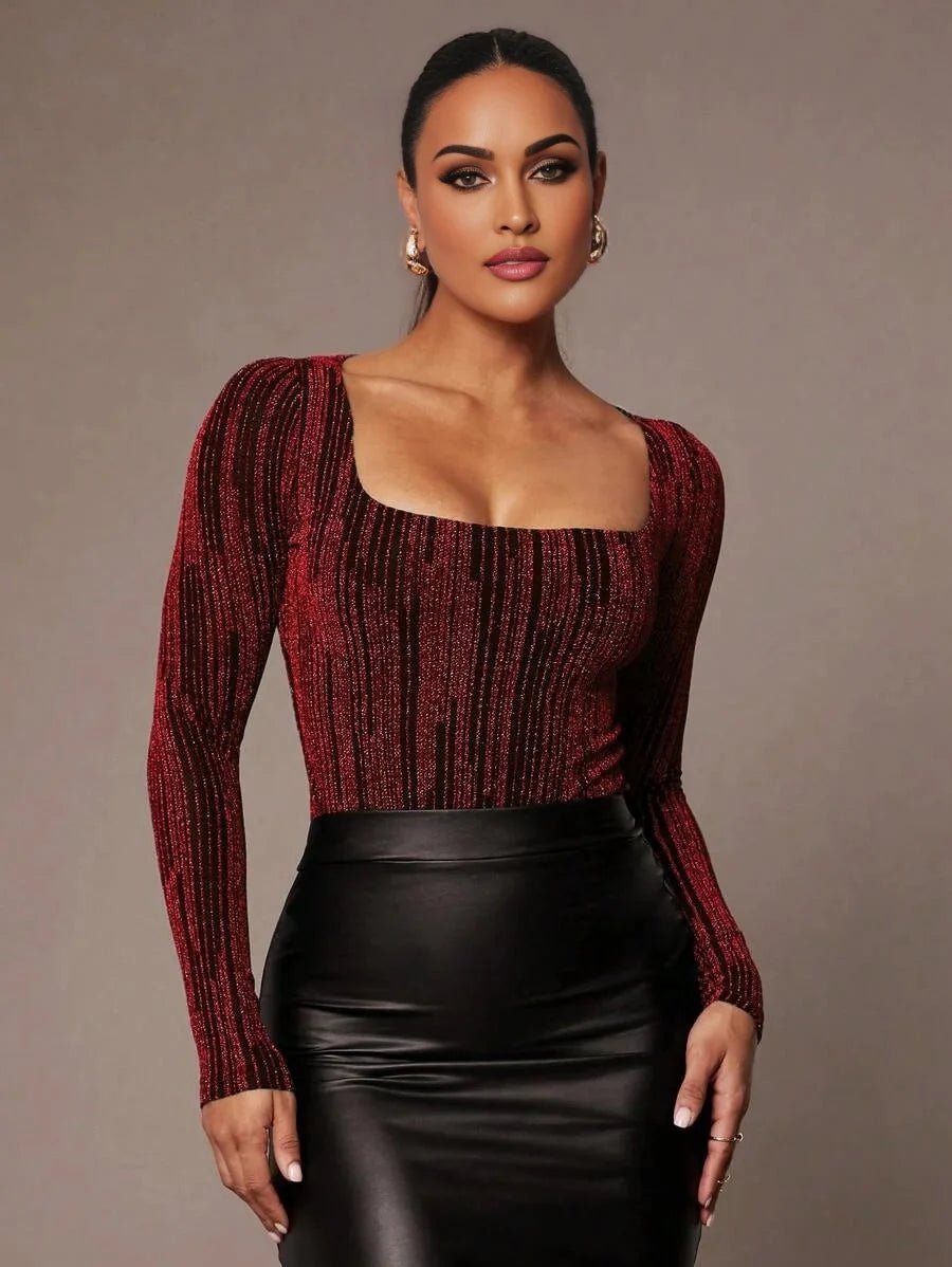 Pierina Bodysuit - Slim Fit - Medium Stretch - Knitted Fabric - Party Style - Square Neckline - Long Sleeve Length - Premium Quality