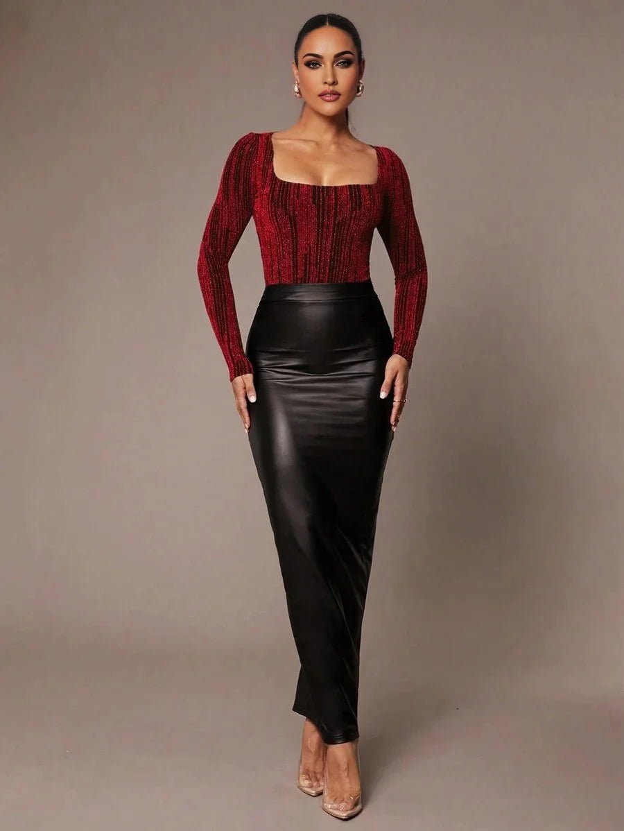 Pierina Bodysuit - Slim Fit - Medium Stretch - Knitted Fabric - Party Style - Square Neckline - Long Sleeve Length - Premium Quality