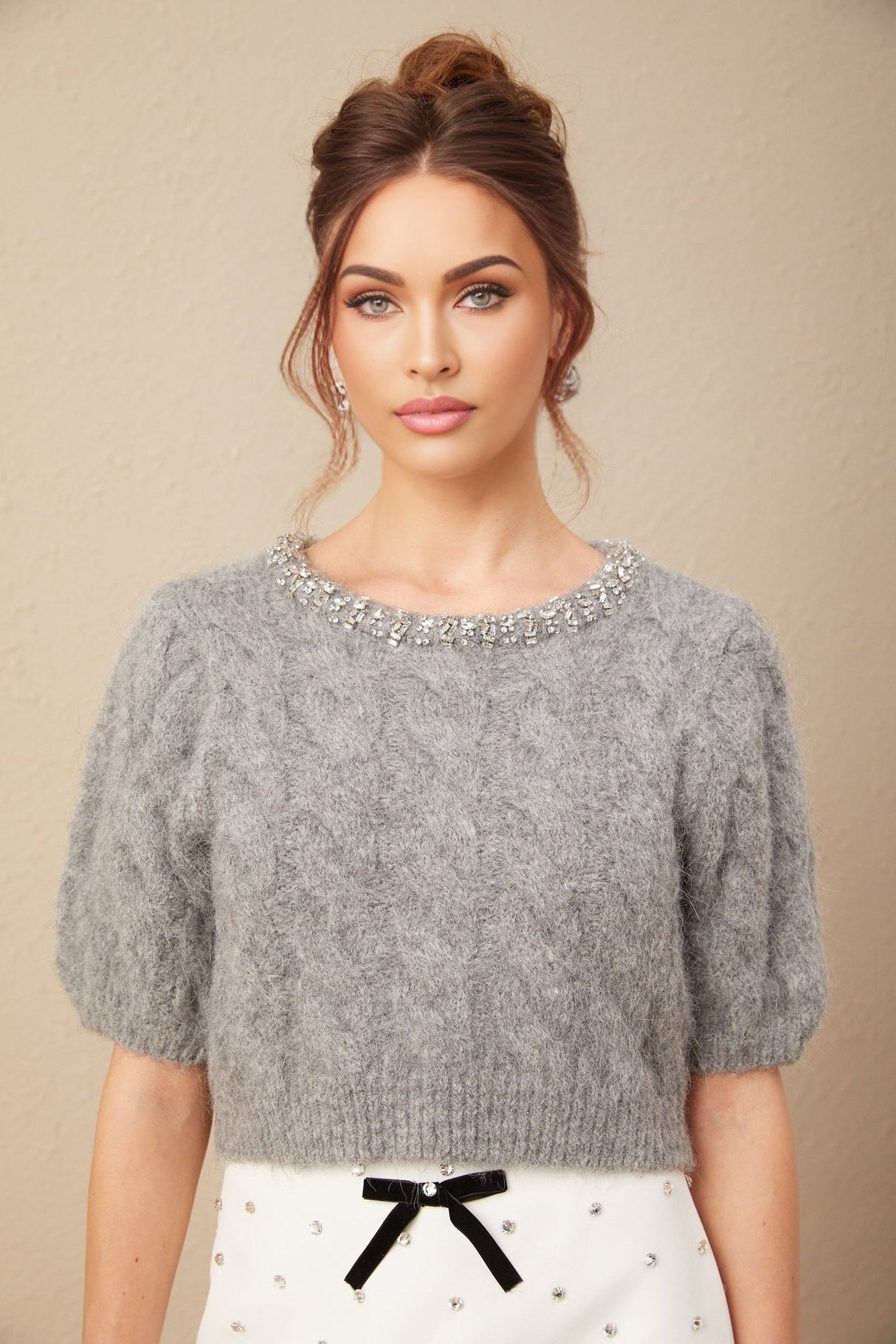 Pierina Sweater Crystal Embellished Cable - Knit Cropped Gray & Short Puff Sleeves
