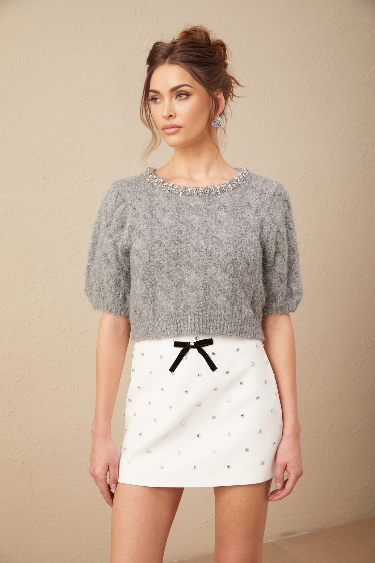Pierina Sweater Crystal Embellished Cable - Knit Cropped Gray & Short Puff Sleeves