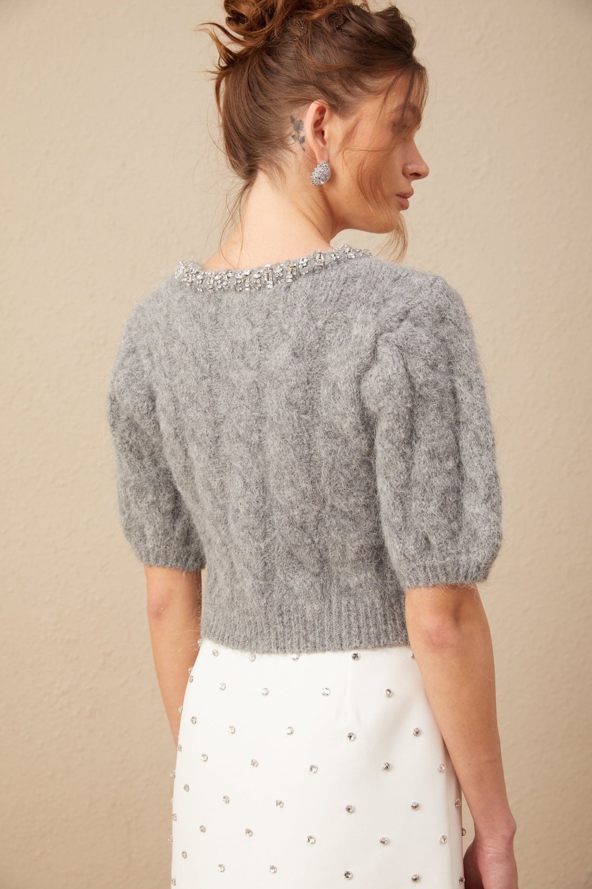 Pierina Sweater Crystal Embellished Cable - Knit Cropped Gray & Short Puff Sleeves