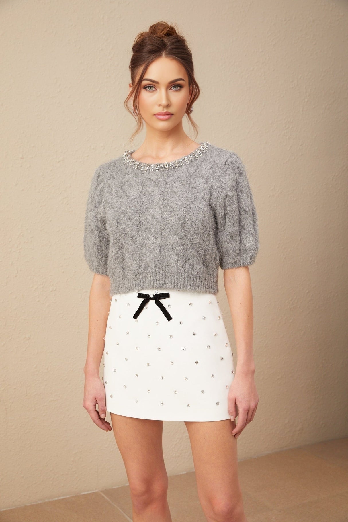 Pierina Sweater Crystal Embellished Cable - Knit Cropped Gray & Short Puff Sleeves