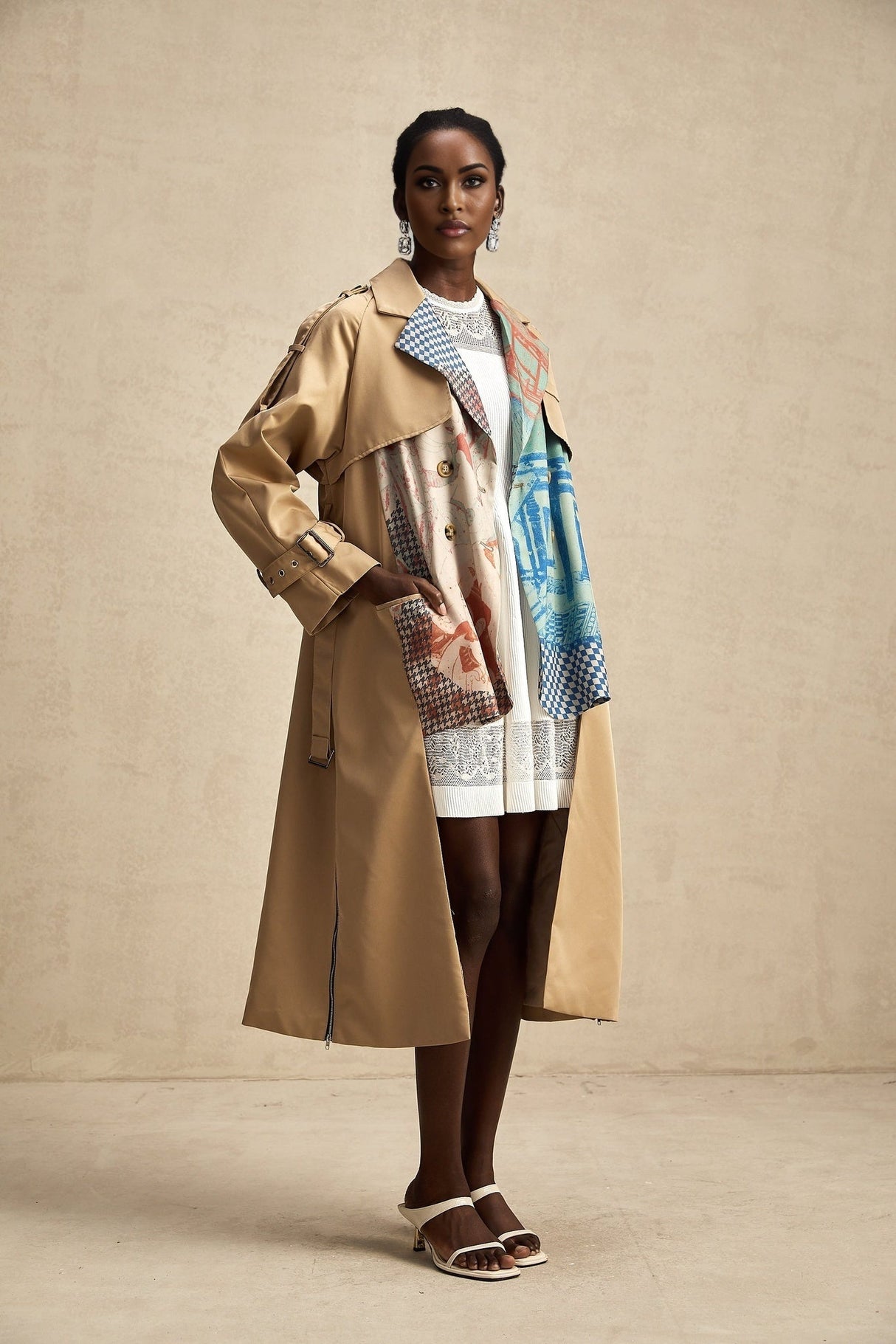 Pierina Trench Coat Contrast Belted & Patterned Edgy