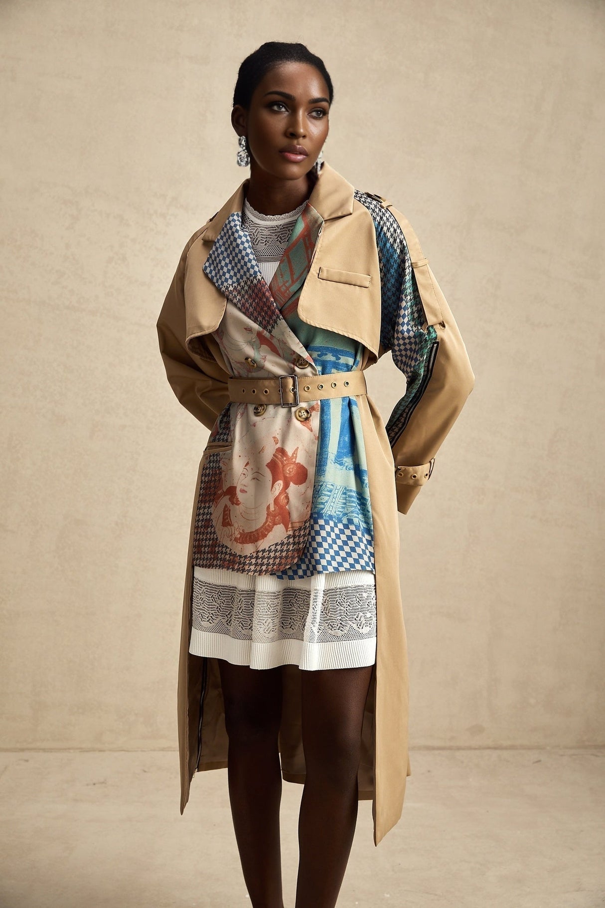 Pierina Trench Coat Contrast Belted & Patterned Edgy