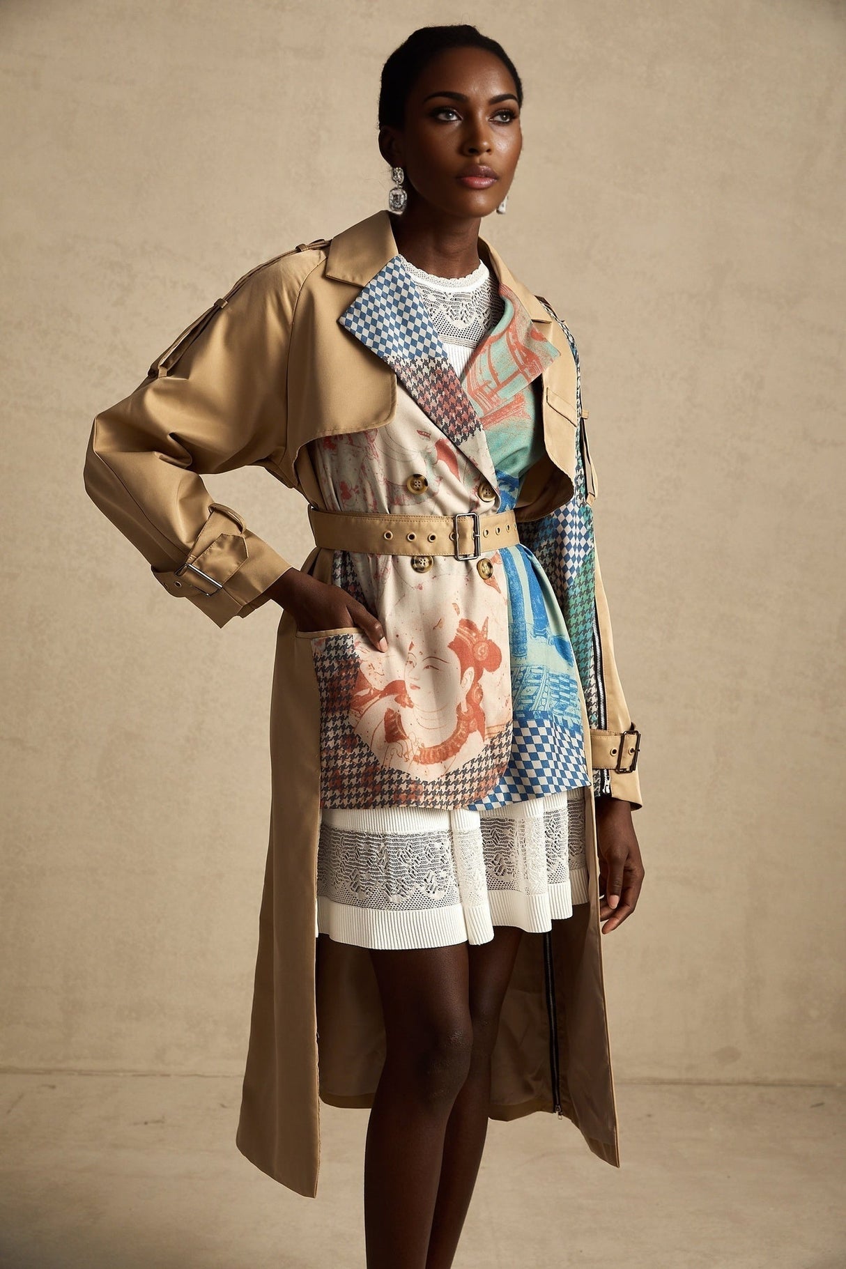 Pierina Trench Coat Contrast Belted & Patterned Edgy