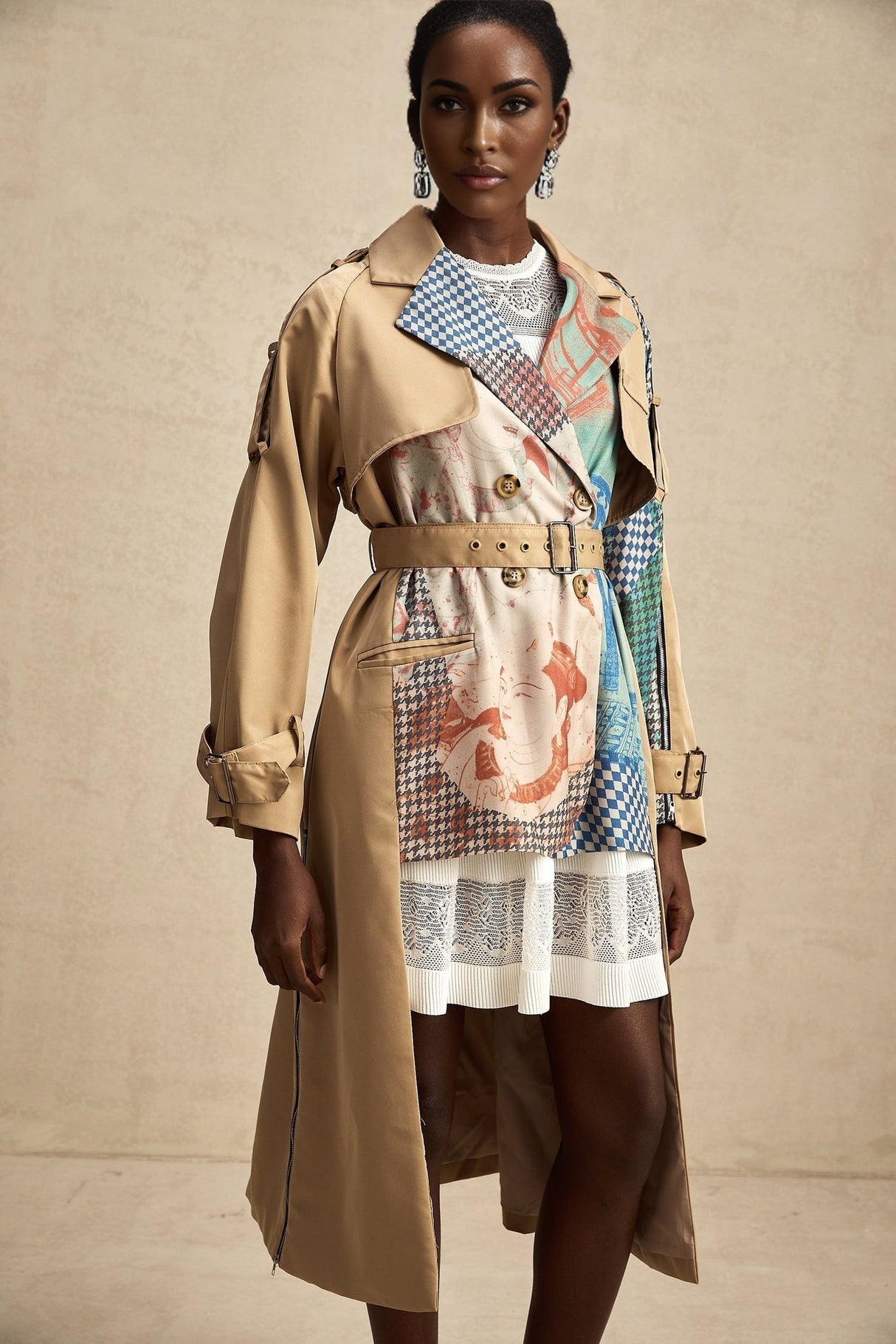 Pierina Trench Coat Contrast Belted & Patterned Edgy