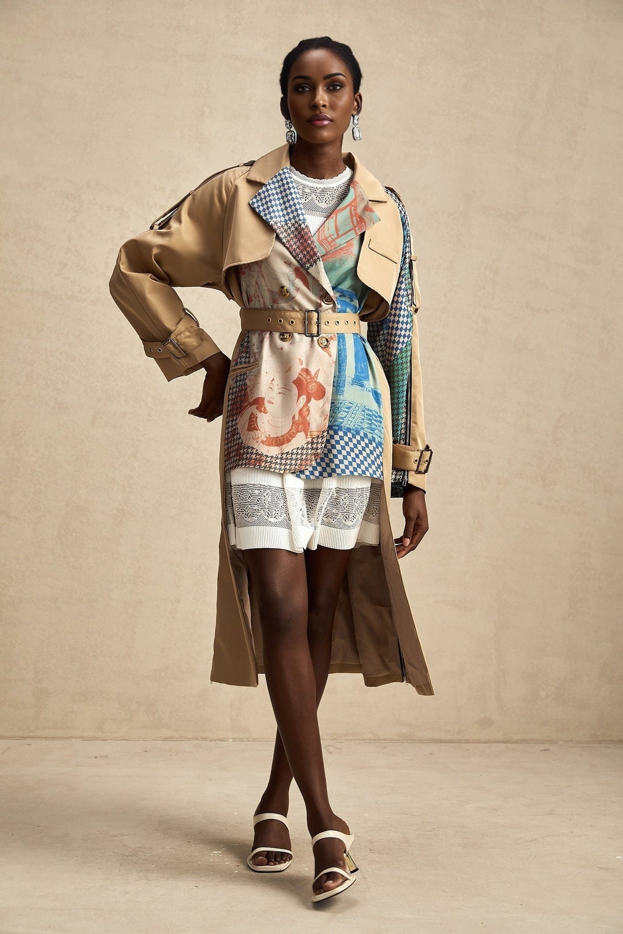 Pierina Trench Coat Contrast Belted & Patterned Edgy