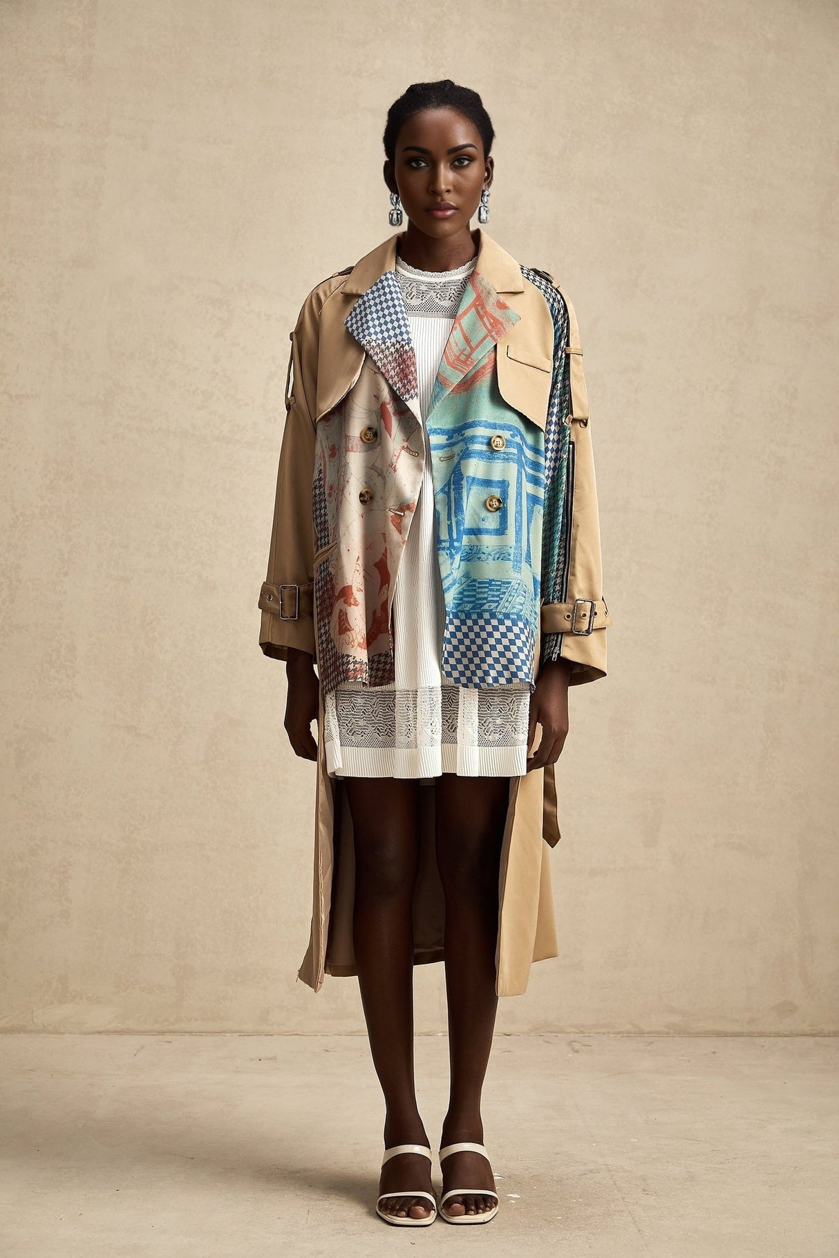 Pierina Trench Coat Contrast Belted & Patterned Edgy