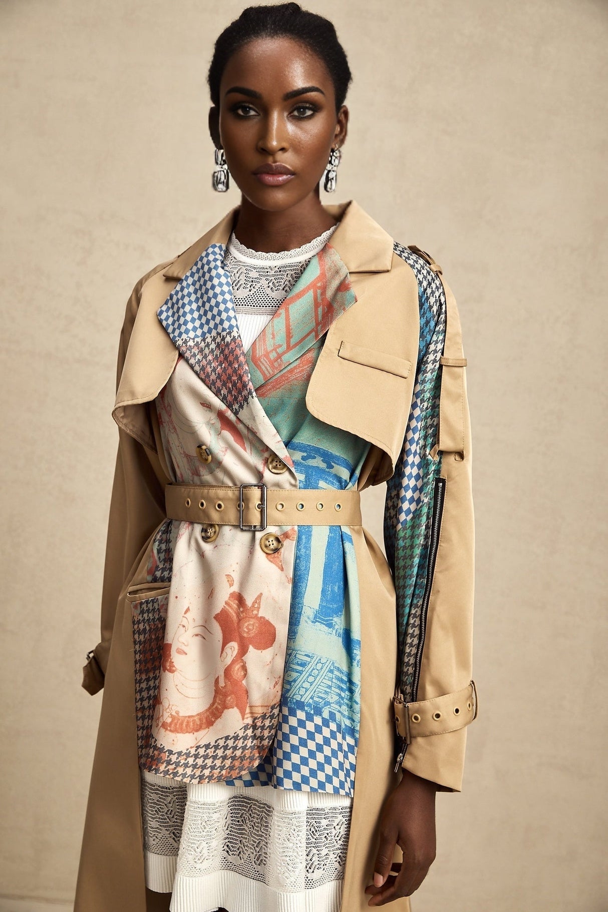 Pierina Trench Coat Contrast Belted & Patterned Edgy