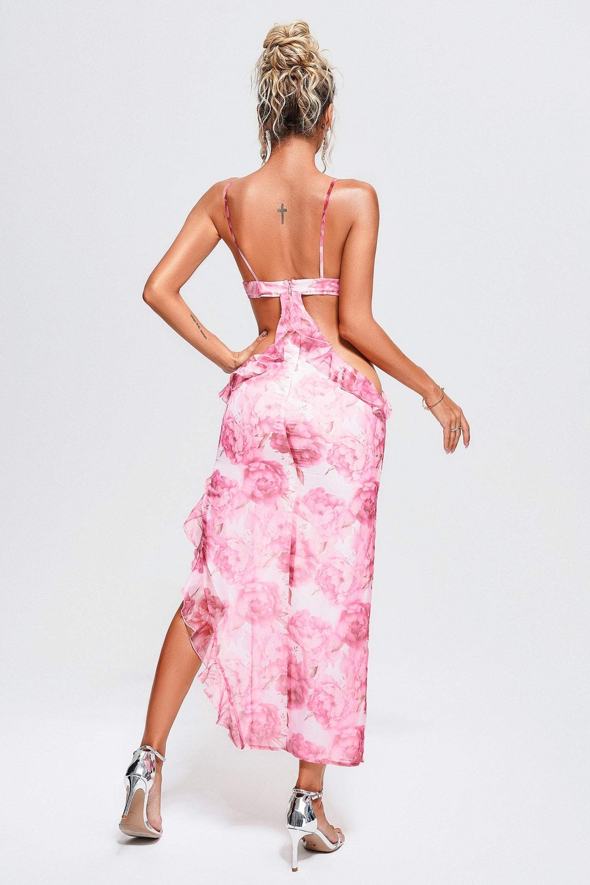 Pink Floral Midi Dress with Cut-Out Design and Flowy Hemline