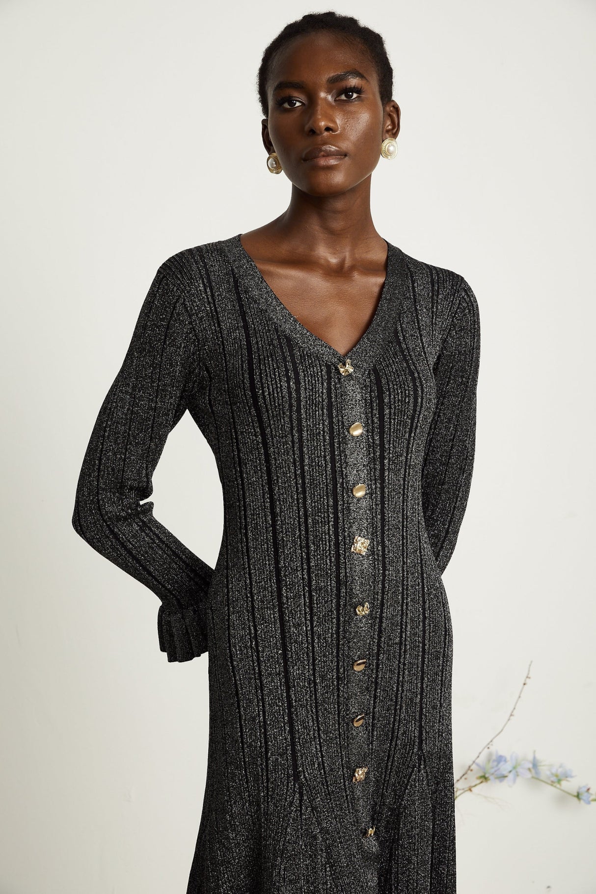 Piper Midi Dress Black Metallic Flounce Mermaid Button Openback