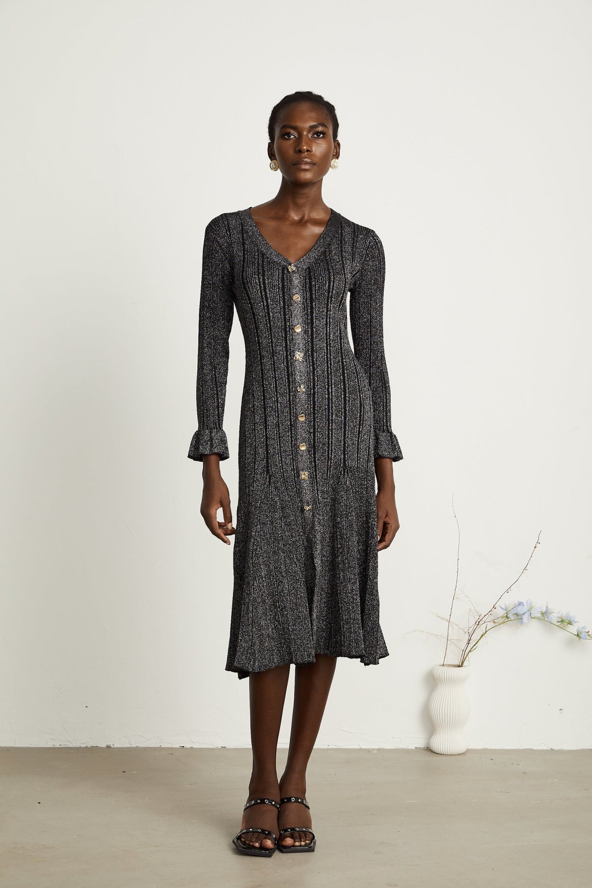 Piper Midi Dress Black Metallic Flounce Mermaid Button Openback