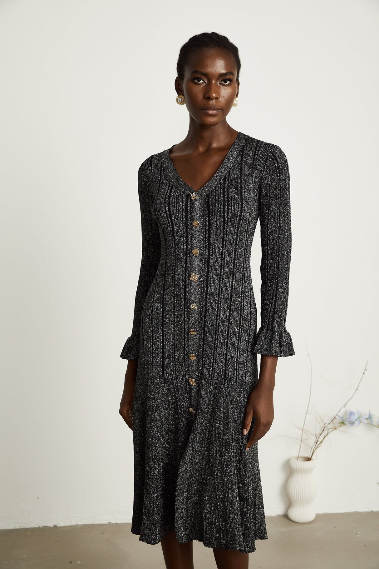 Piper Midi Dress Black Metallic Flounce Mermaid Button Openback