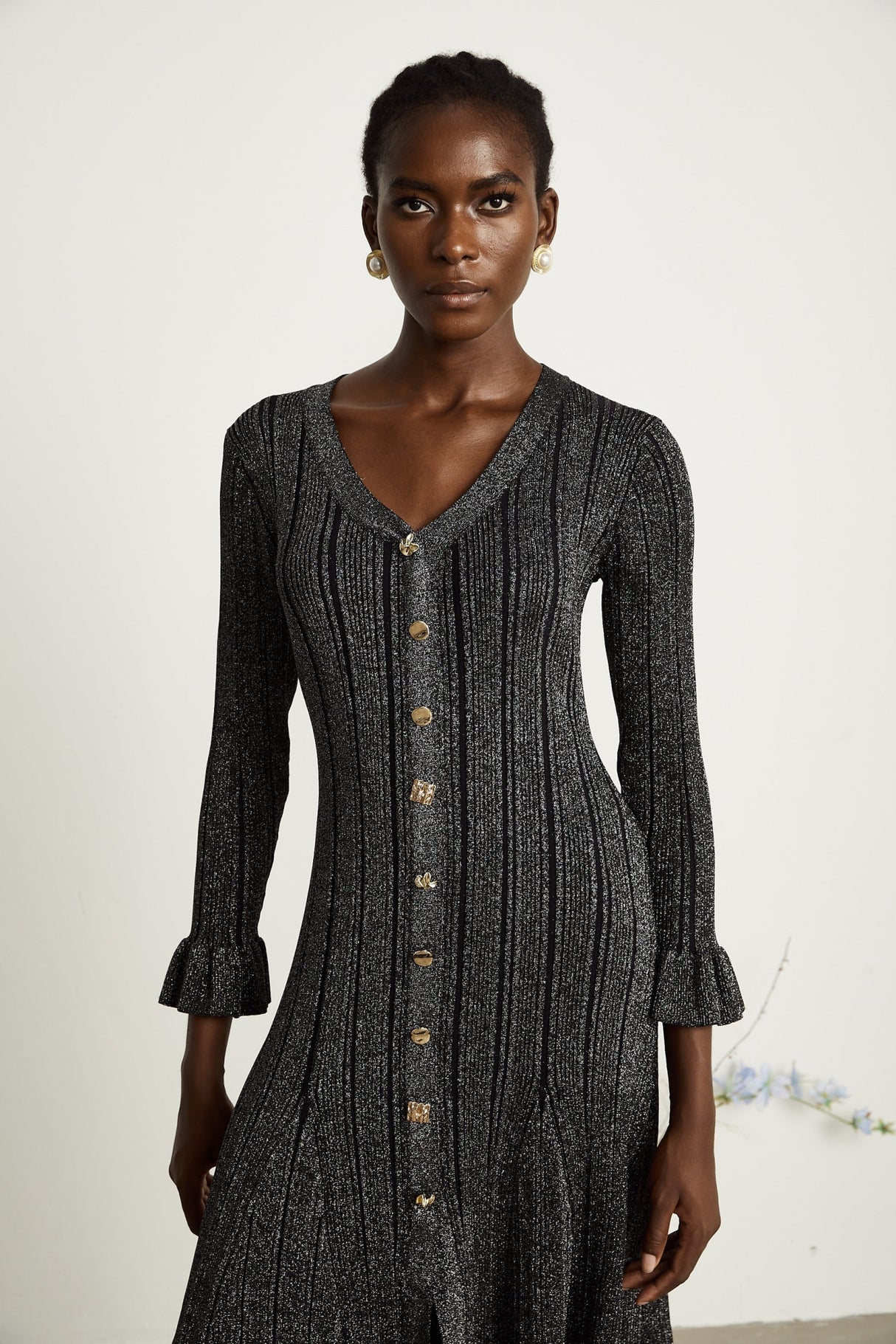 Piper Midi Dress Black Metallic Flounce Mermaid Button Openback