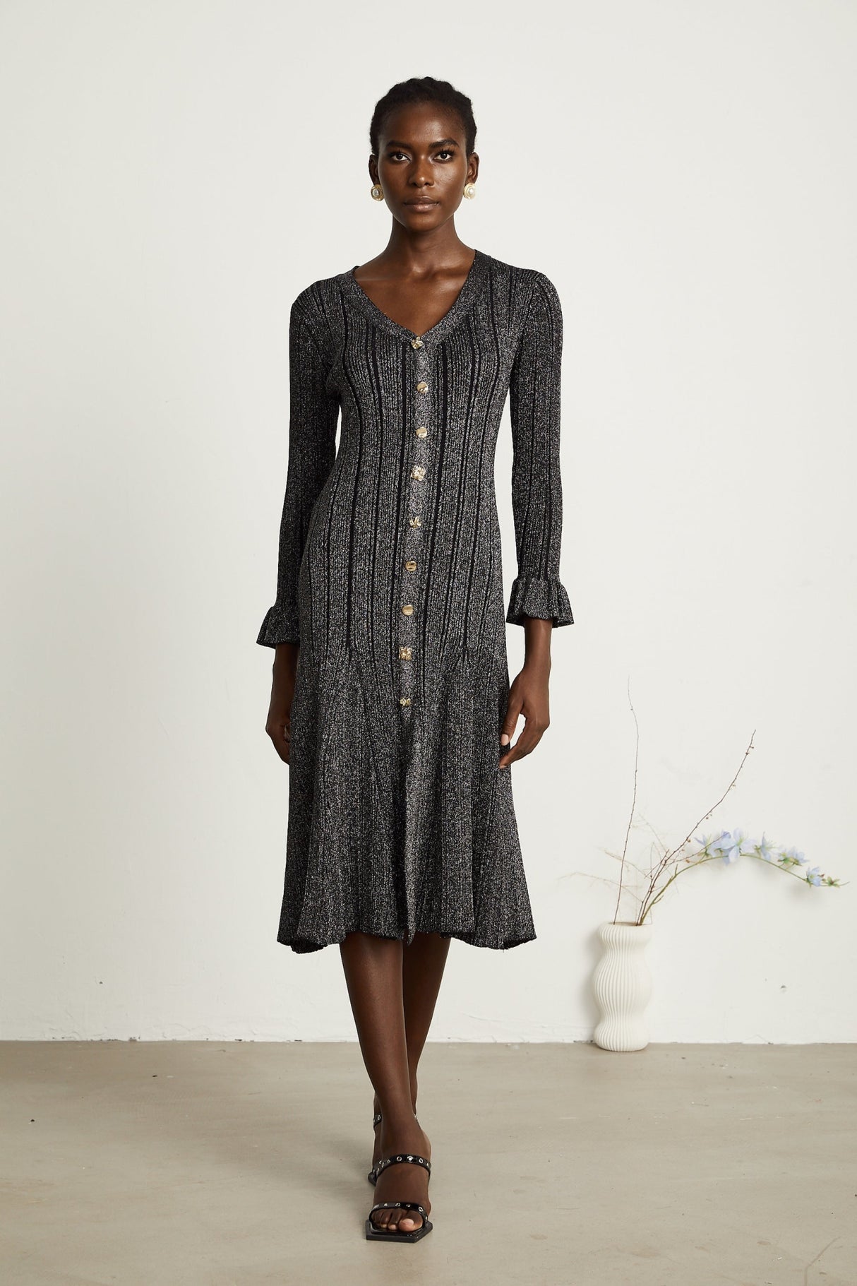 Piper Midi Dress Black Metallic Flounce Mermaid Button Openback