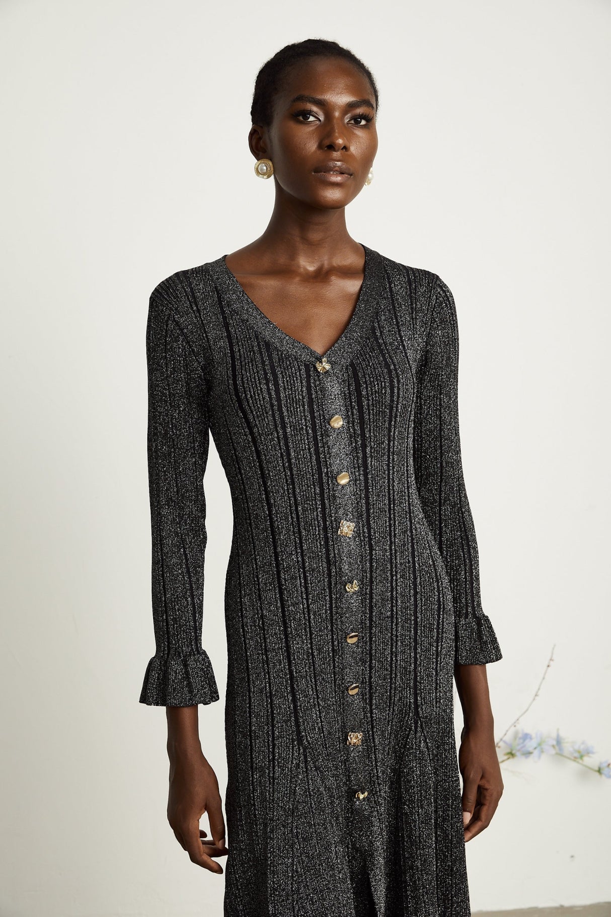 Piper Midi Dress Black Metallic Flounce Mermaid Button Openback