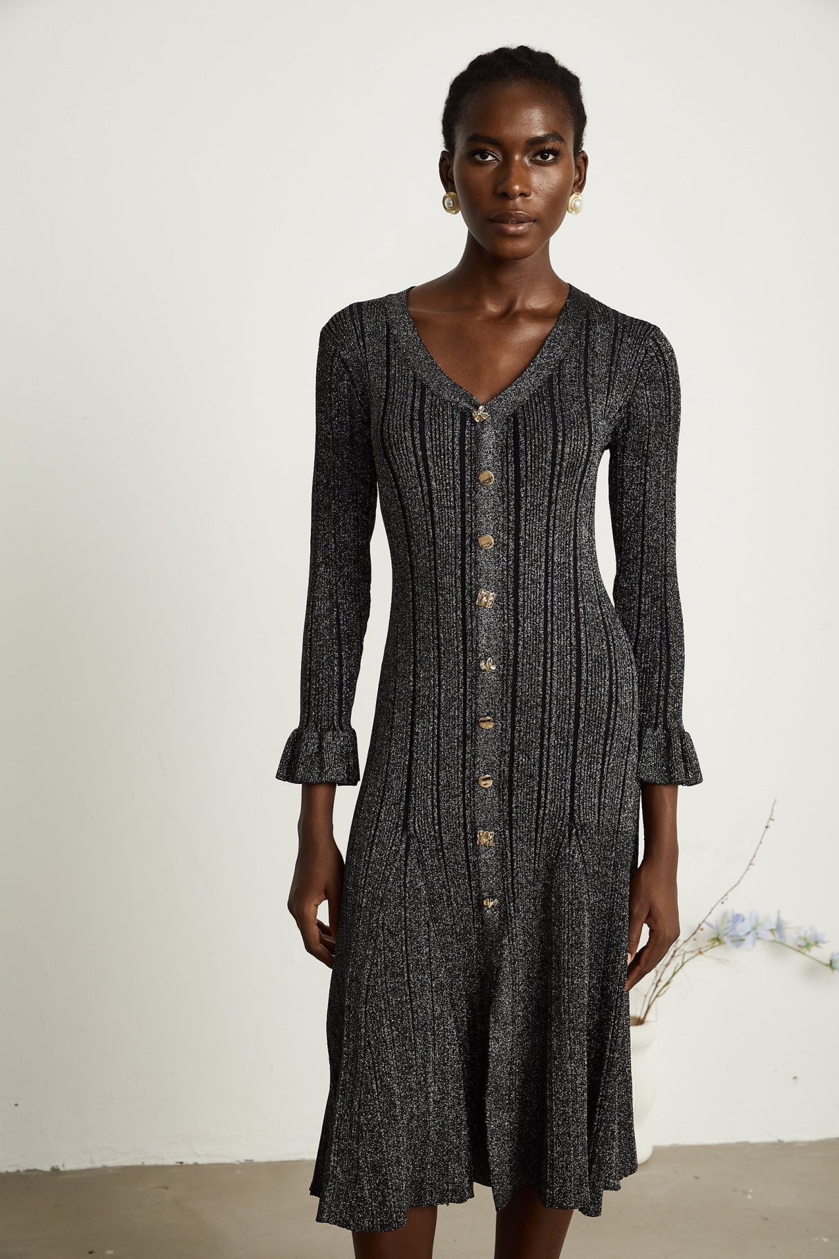 Piper Midi Dress Black Metallic Flounce Mermaid Button Openback